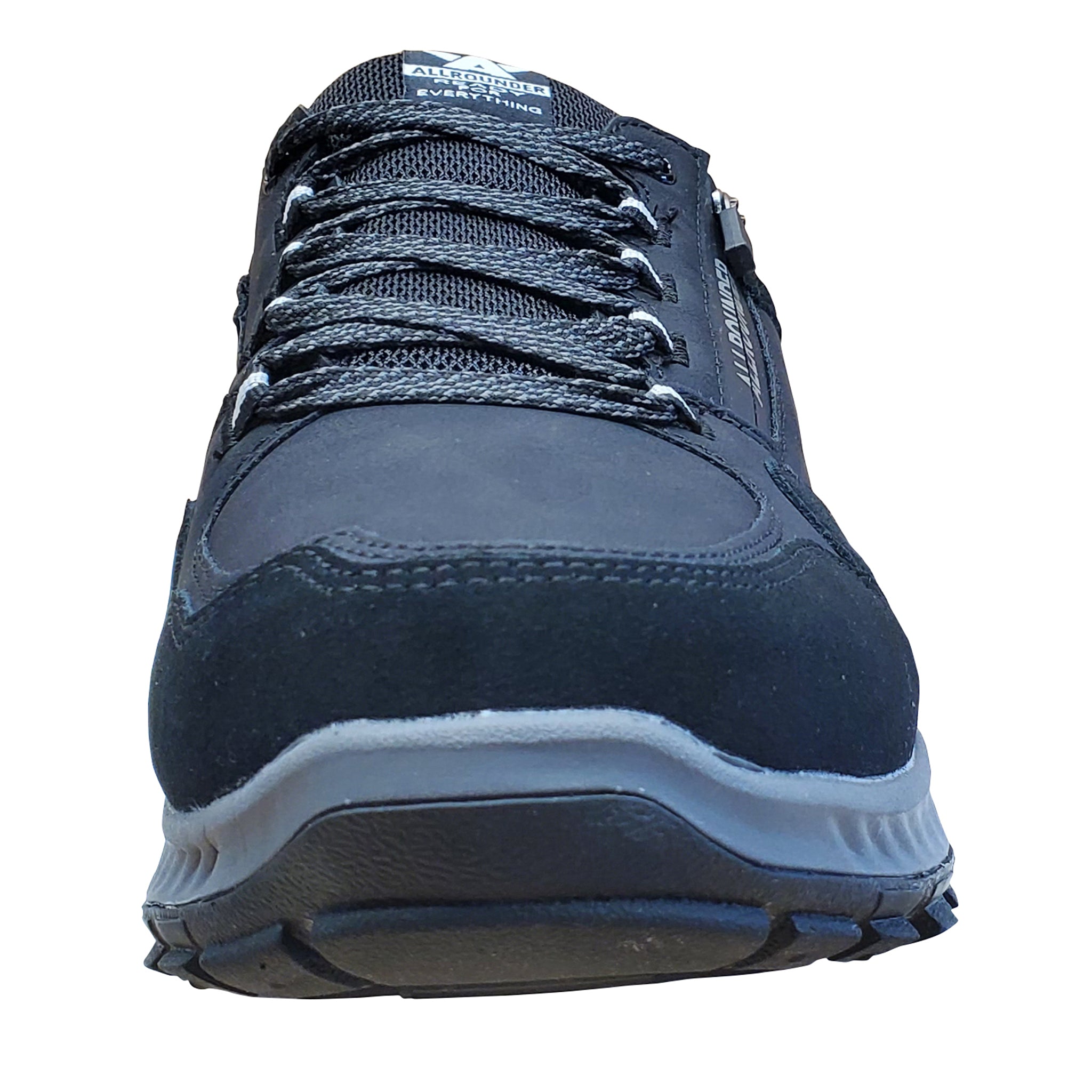 Navy blue athletic shoe with white sole on a white background