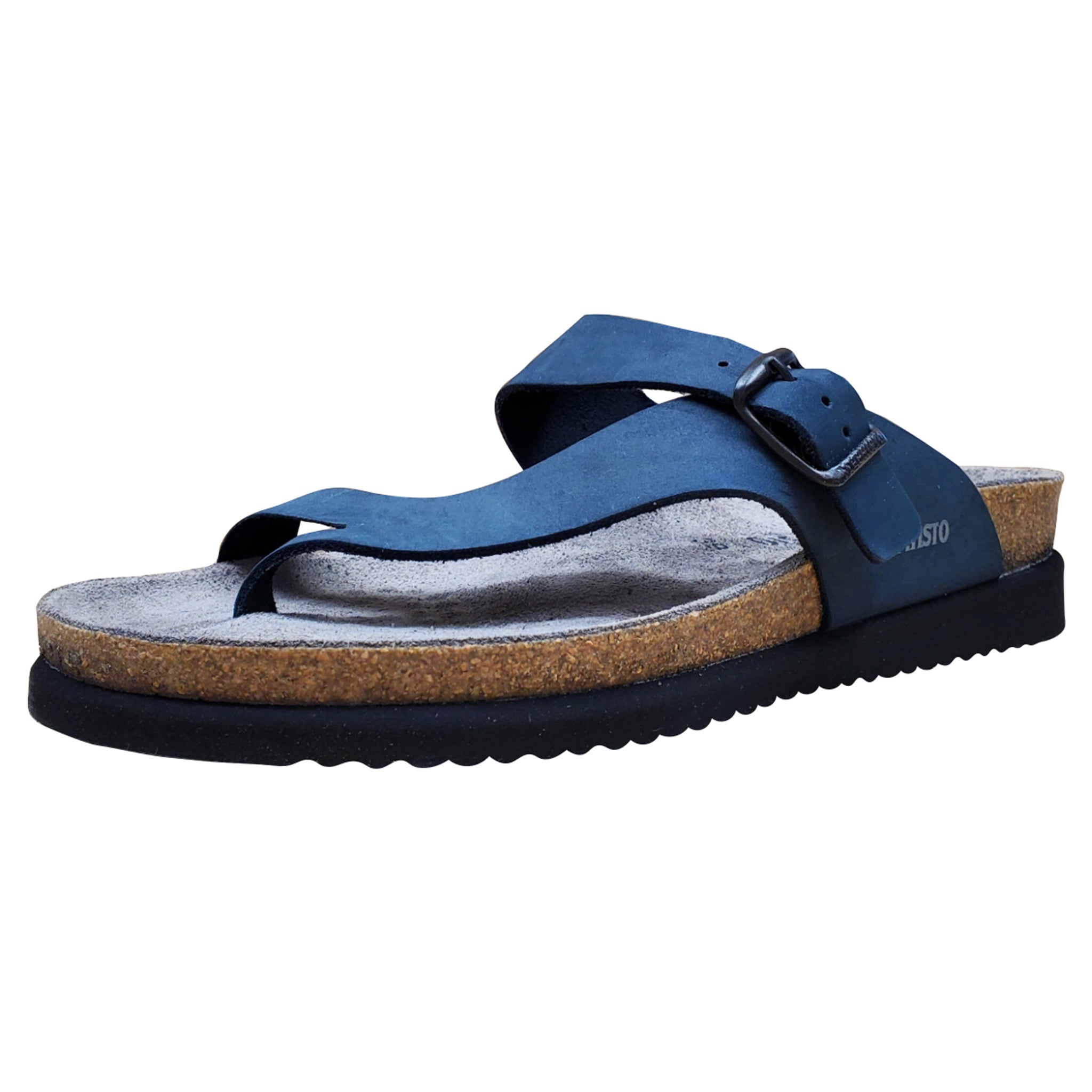 Blue sandal with cork sole on a white background
