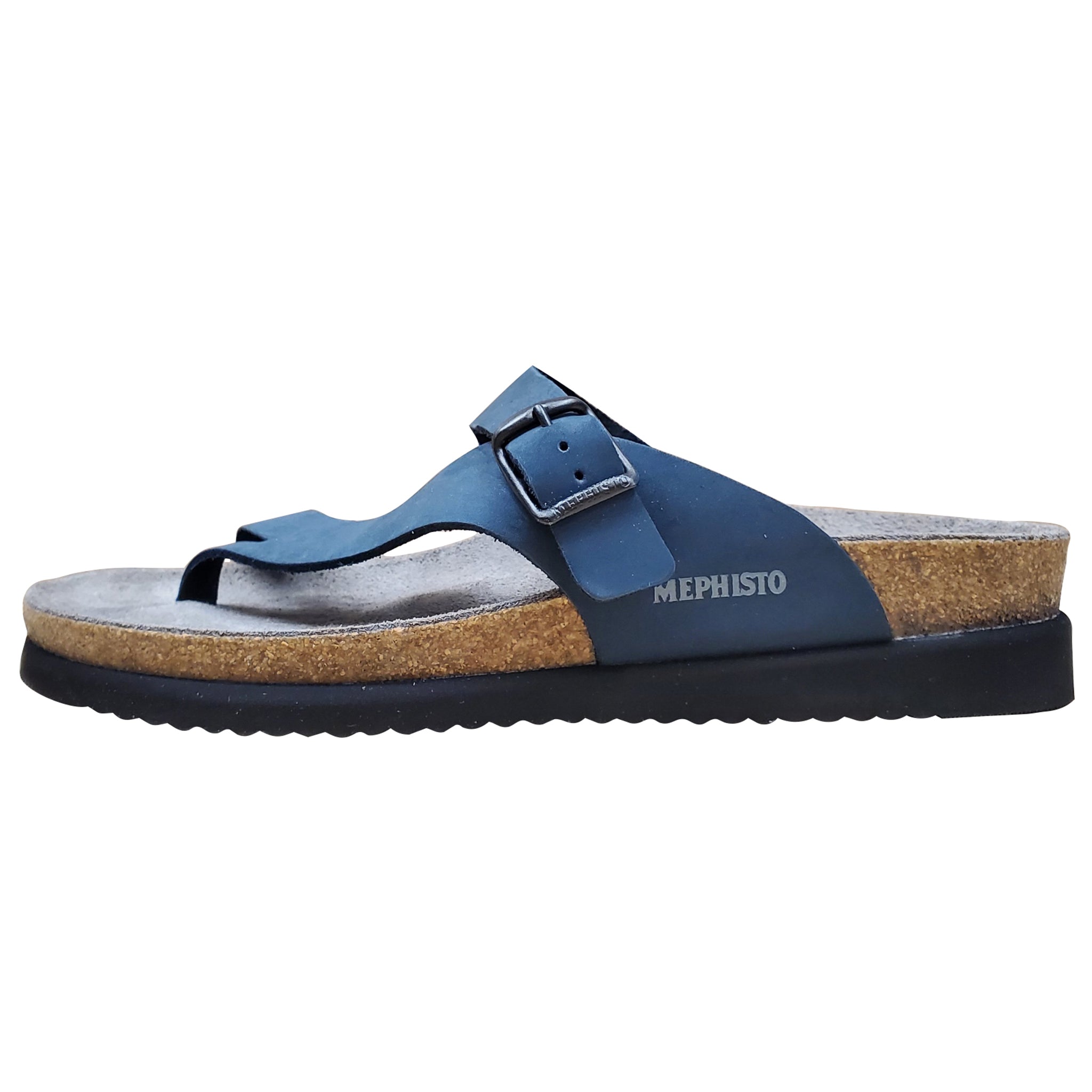 Blue sandal with cork sole and 'Mephisto' branding on a white background