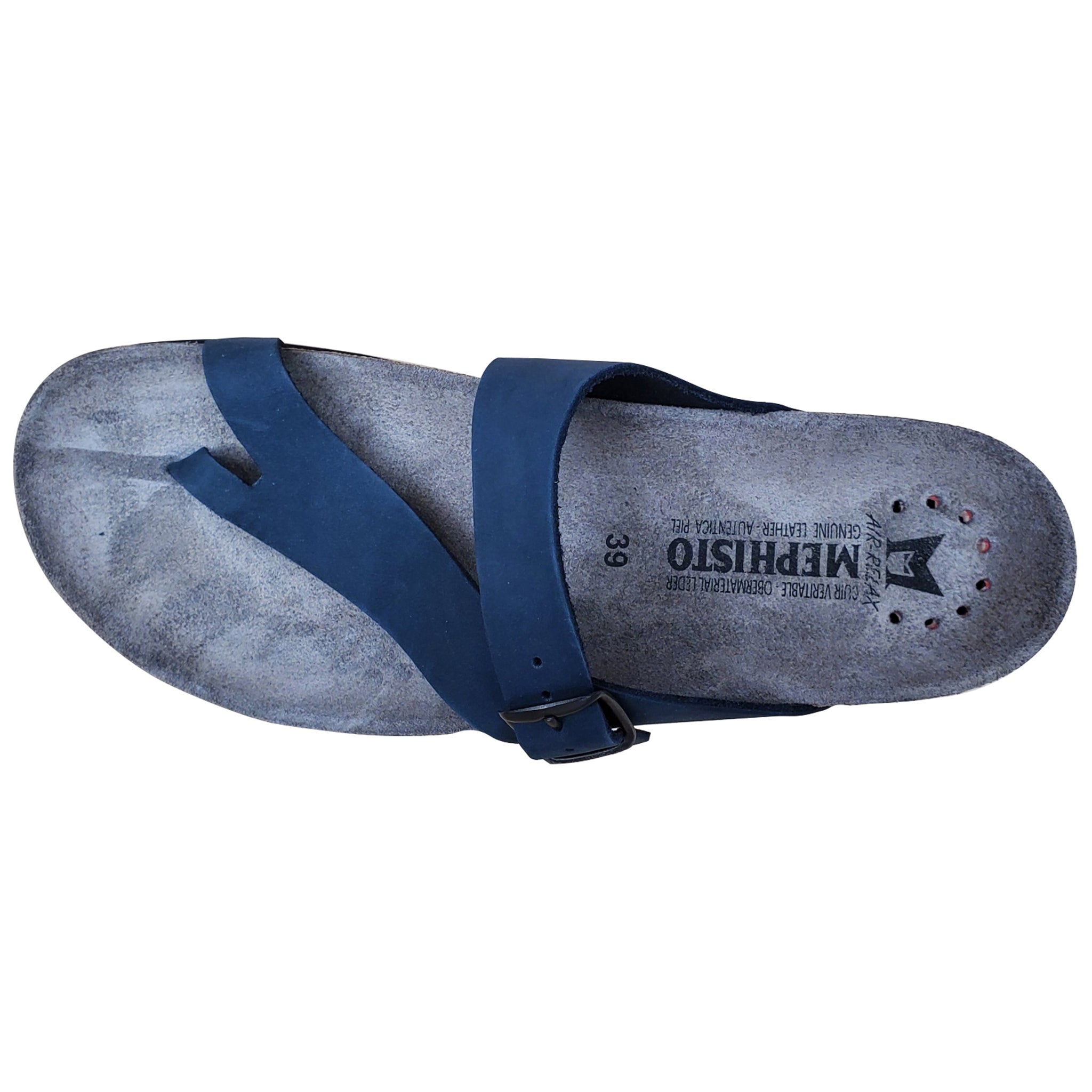 Gray sandal with a blue strap on a white background
