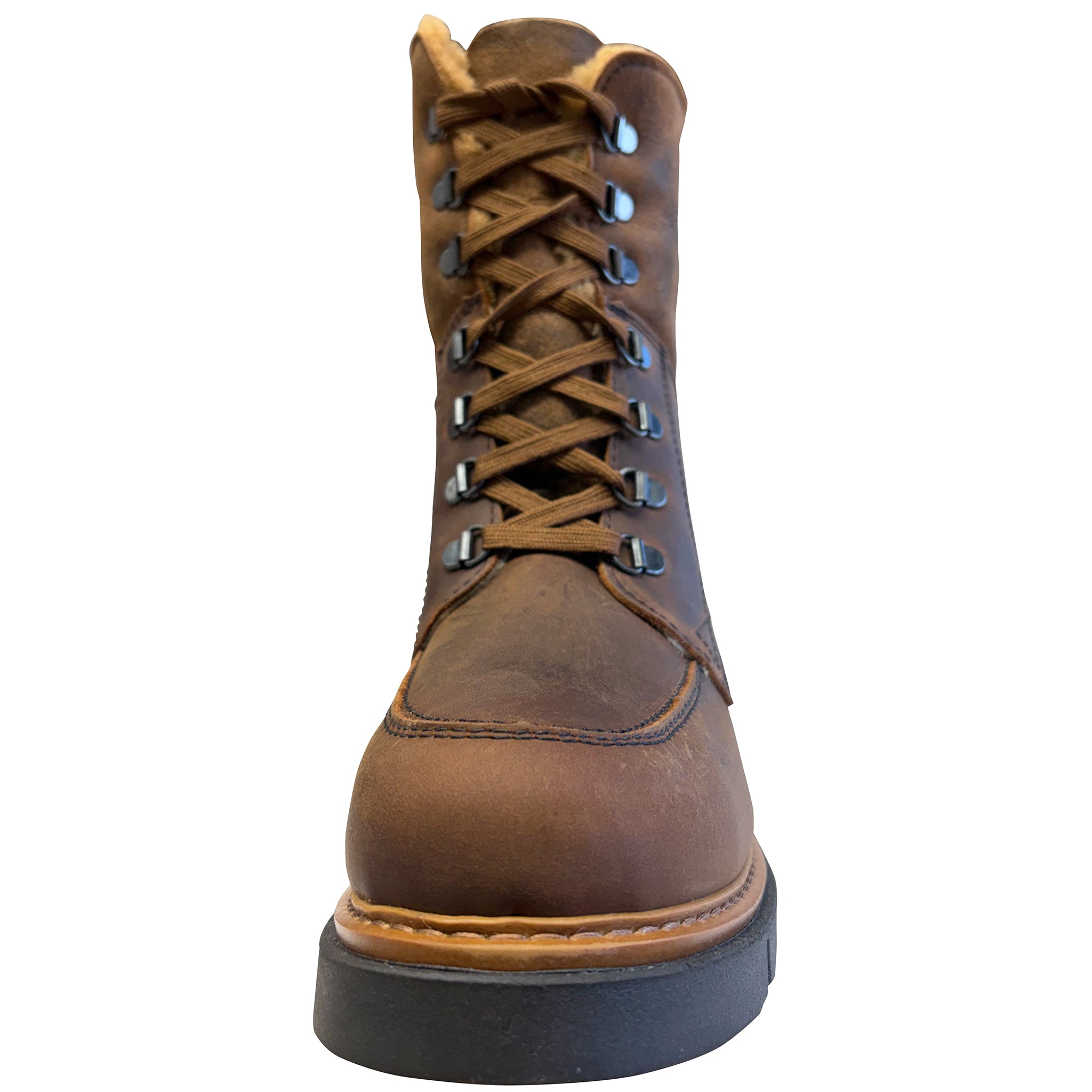 Brown leather boot with black sole on a white background