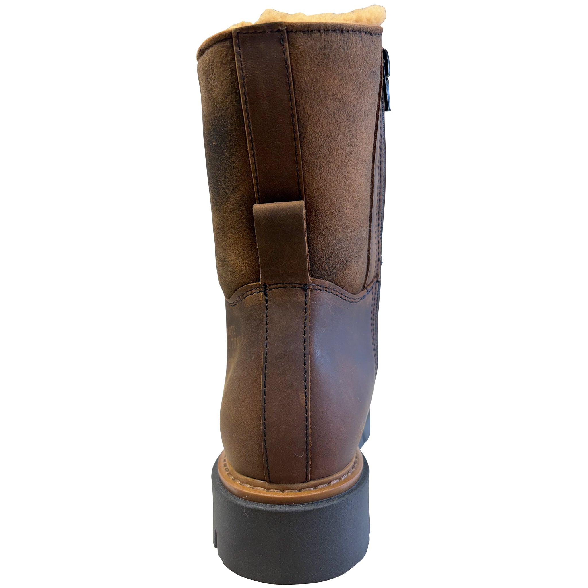 Brown leather boot with black sole on a white background