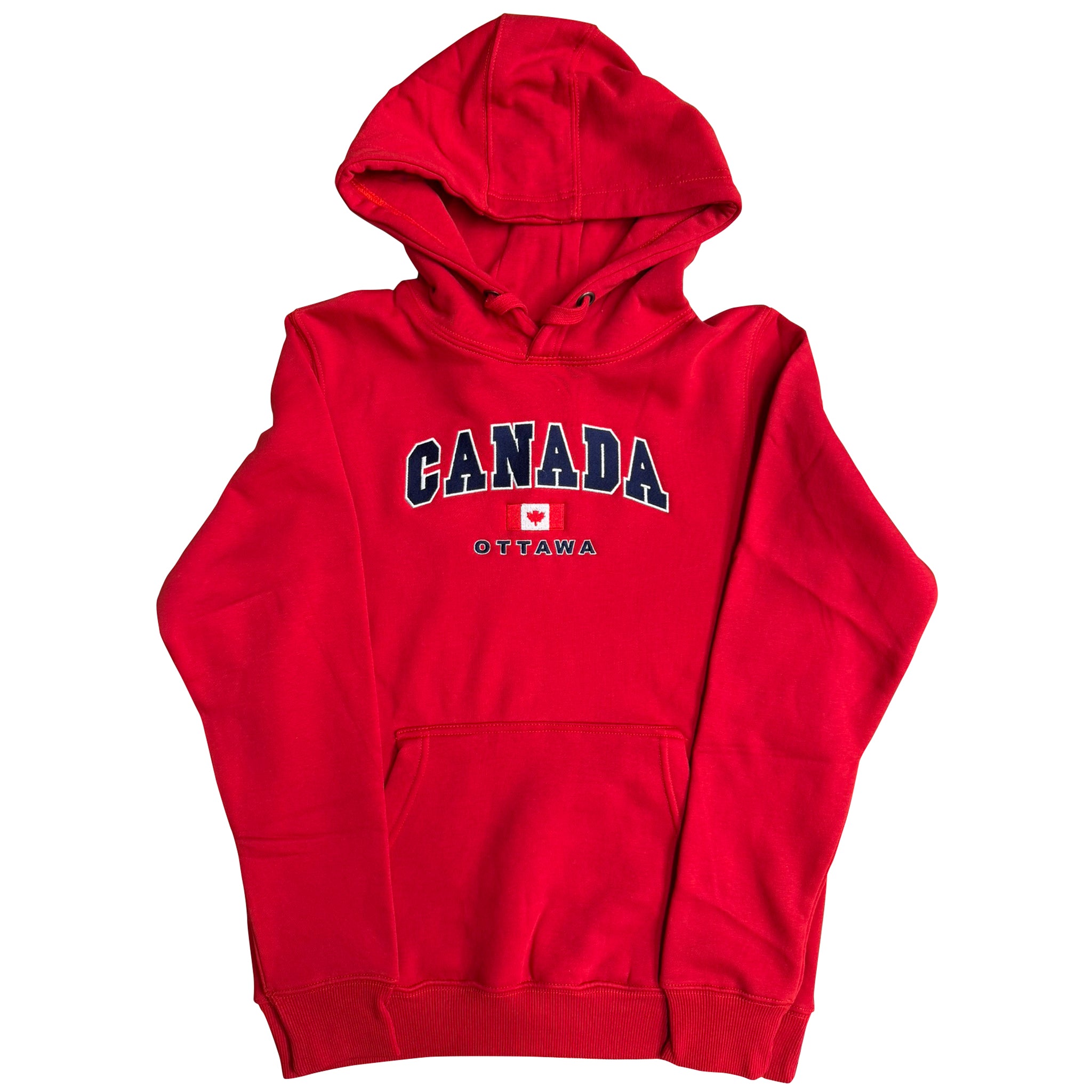Red hoodie with 'Canada Ottawa' text on a white background