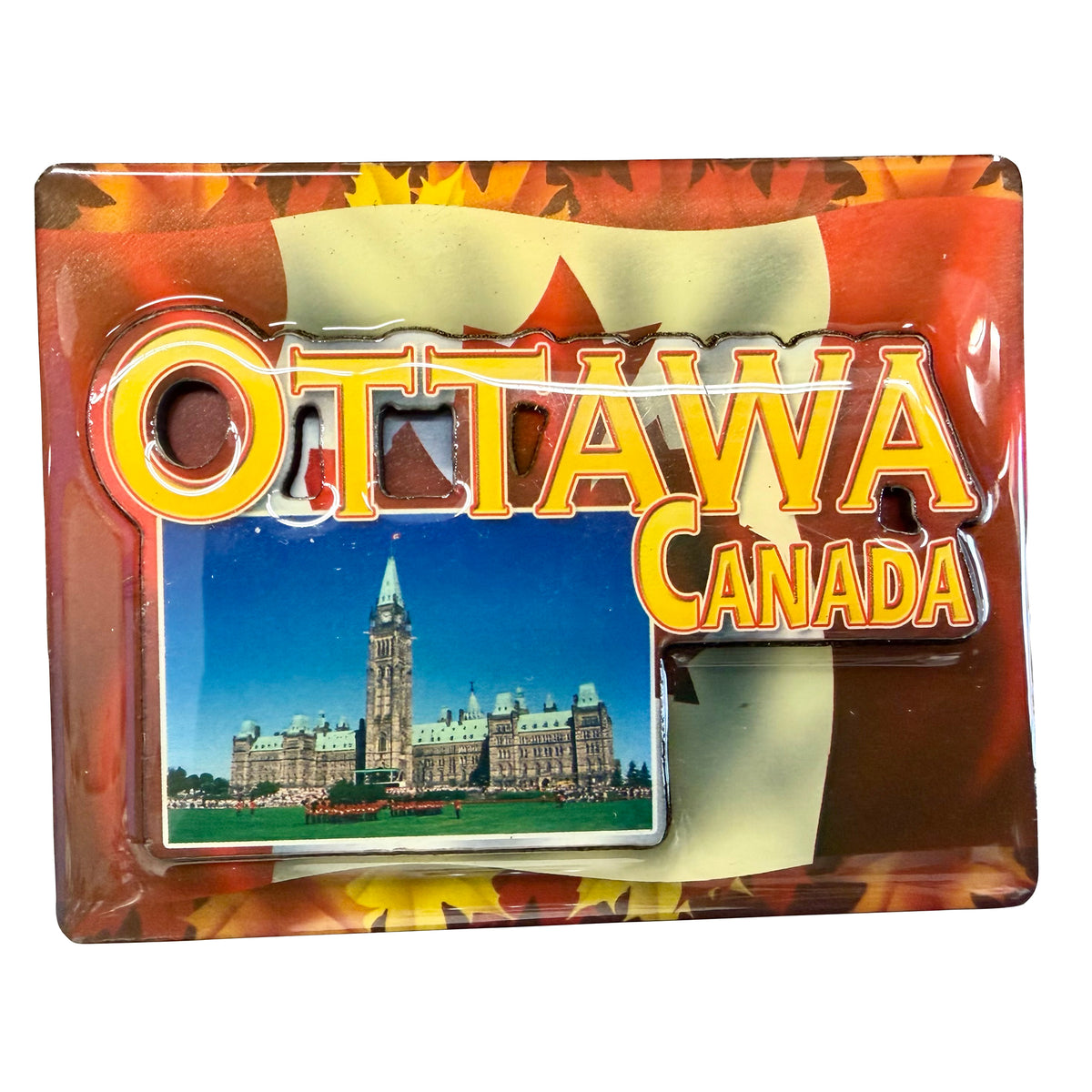 Ottawa Canada souvenir magnet featuring the Canadian flag, maple leaves, and a photo of the Ottawa Parliament Building, with 'OTTAWA CANADA' text across the front.