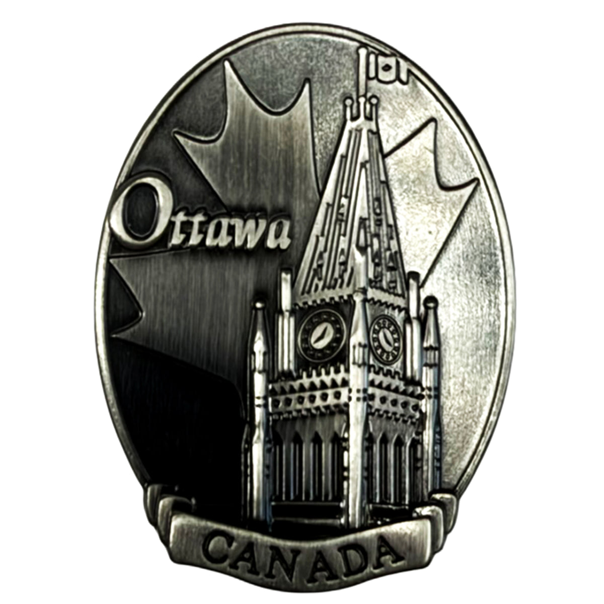 An oval silver-toned Canada coin-style medallion featuring a detailed illustration of the Ottawa Parliament Building, a maple leaf, the word 'Ottawa,' and 'CANADA' on a banner at the bottom, shown on a plain white background.