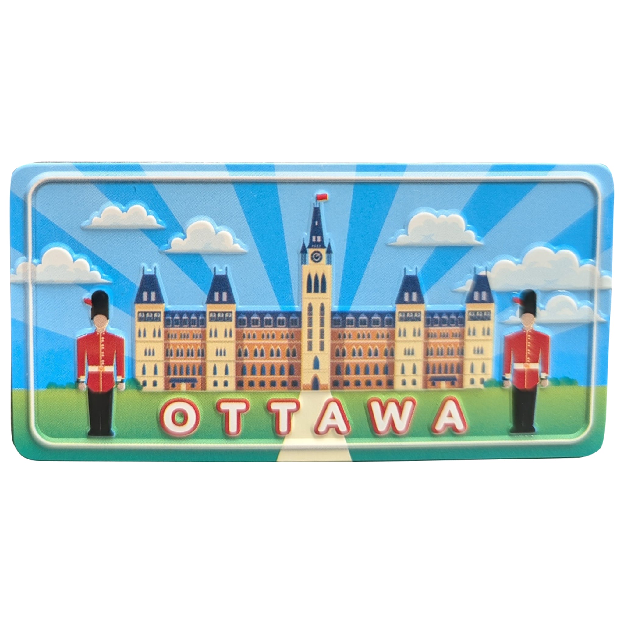 A rectangular metal tin featuring a colorful illustration of the Ottawa Parliament building, two red-uniform guards, clouds, and the word 'OTTAWA' in large letters, shown on a plain white background.