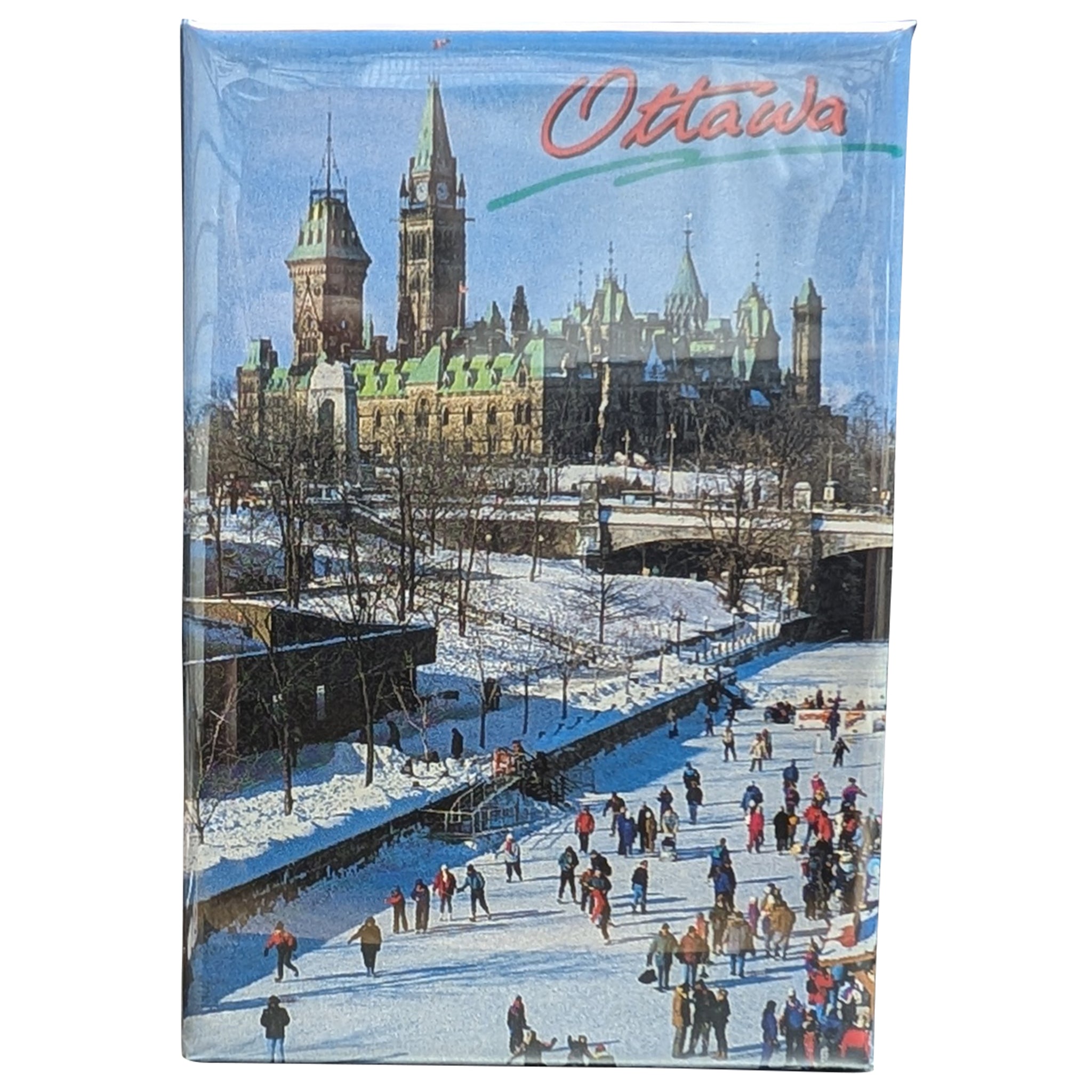 A rectangular souvenir magnet or printed plaque featuring a winter scene of Ottawa with the Canadian Parliament Building in the background and people skating on an ice rink in the foreground. The word "Ottawa" appears in red script at the top.