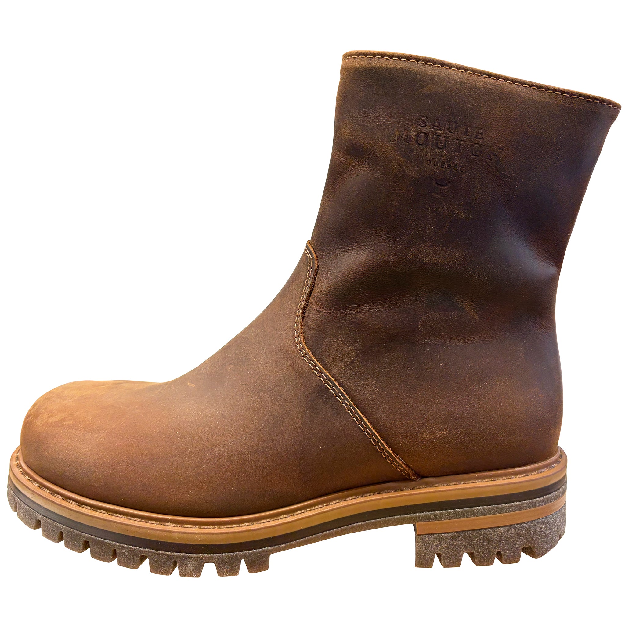 Brown leather boot with visible brand logo on a white background