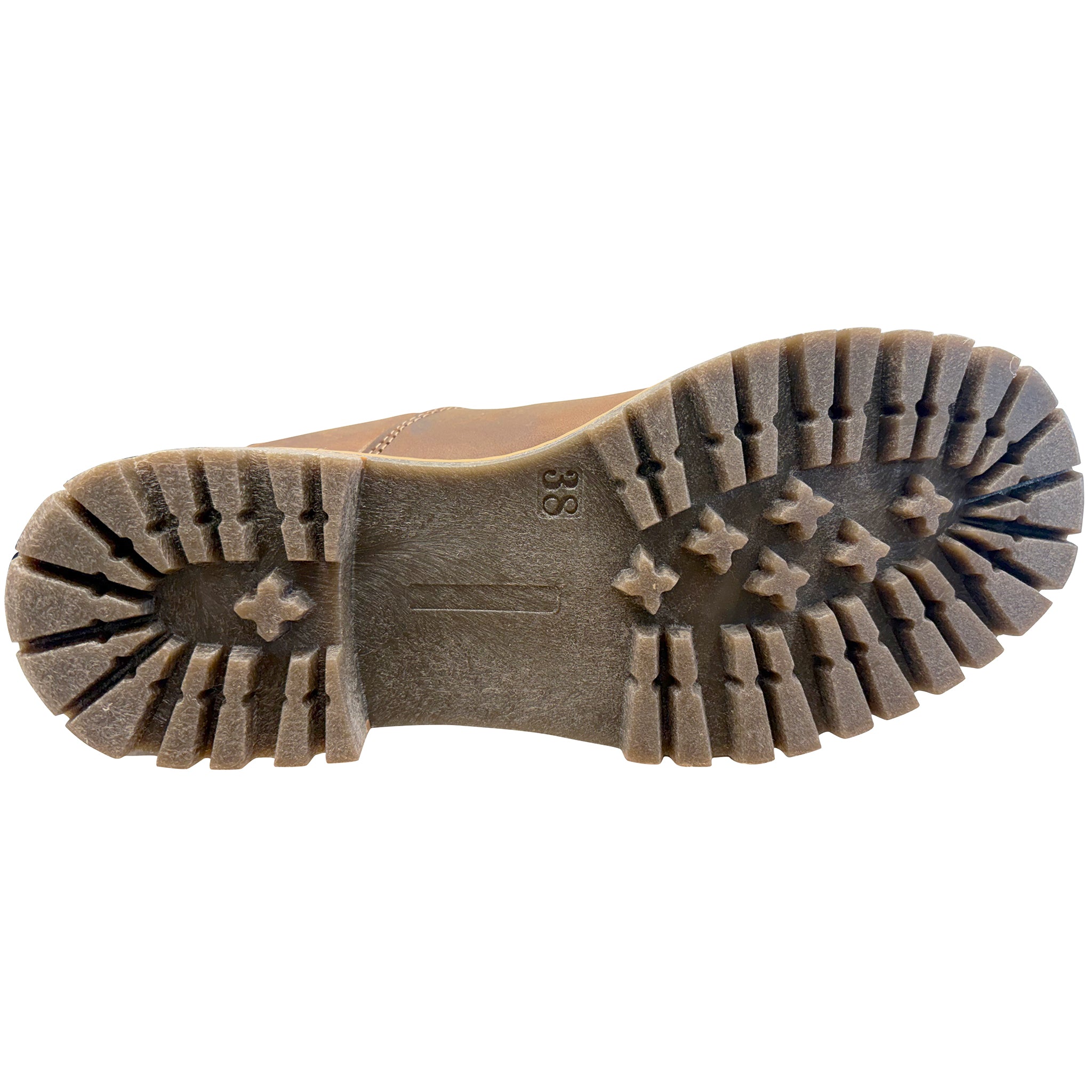 Close-up of a brown boot sole with tread pattern on a white background