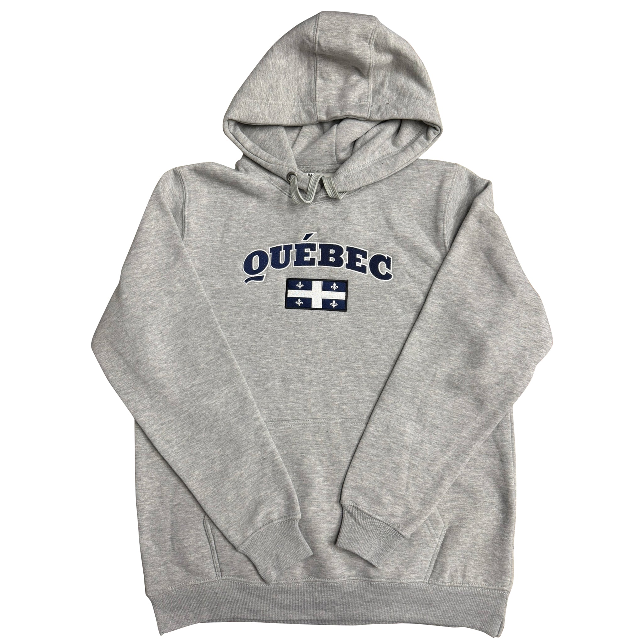 Gray hoodie with 'Québec' text and flag design on a white background