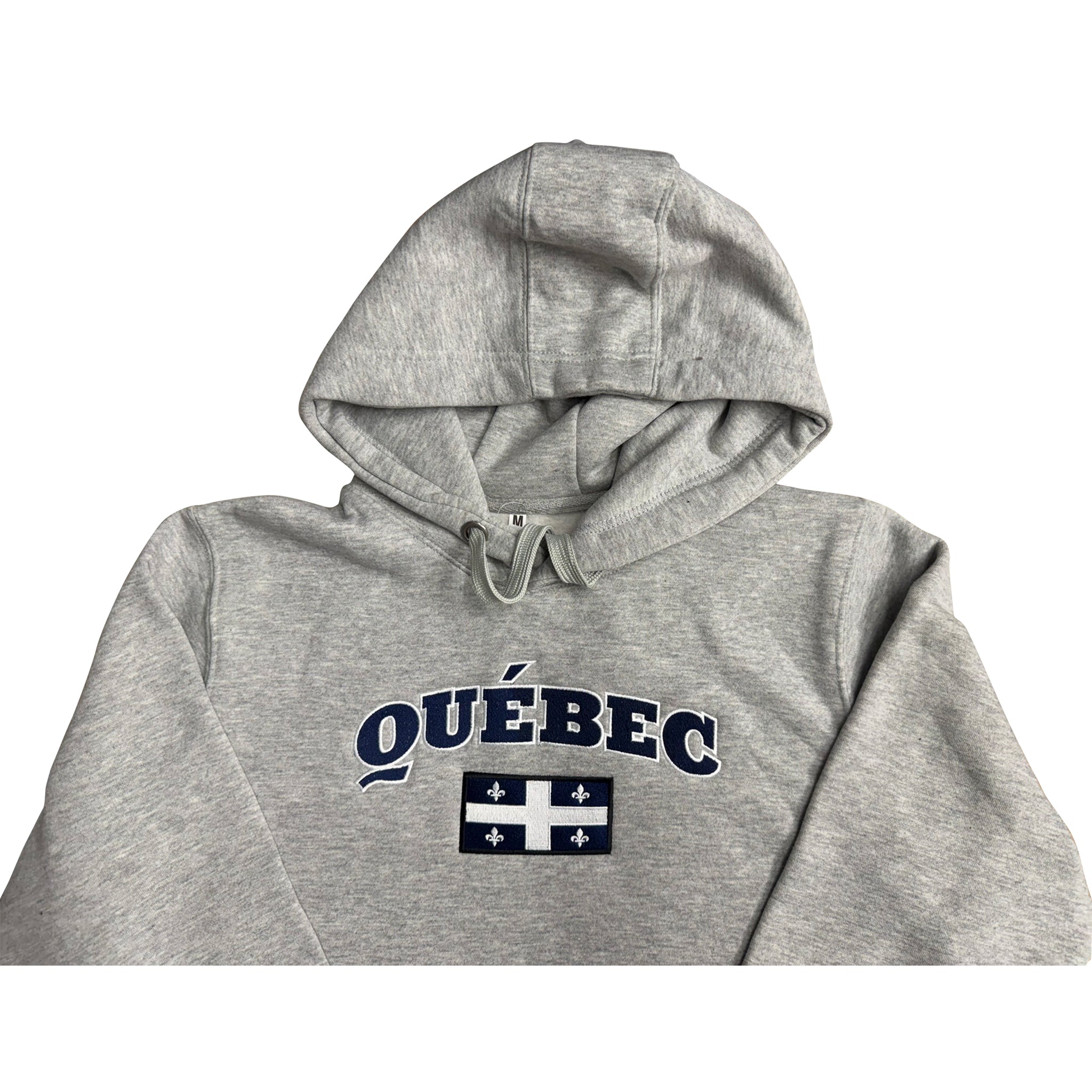 Gray hoodie with 'Québec' text and flag design on a white background