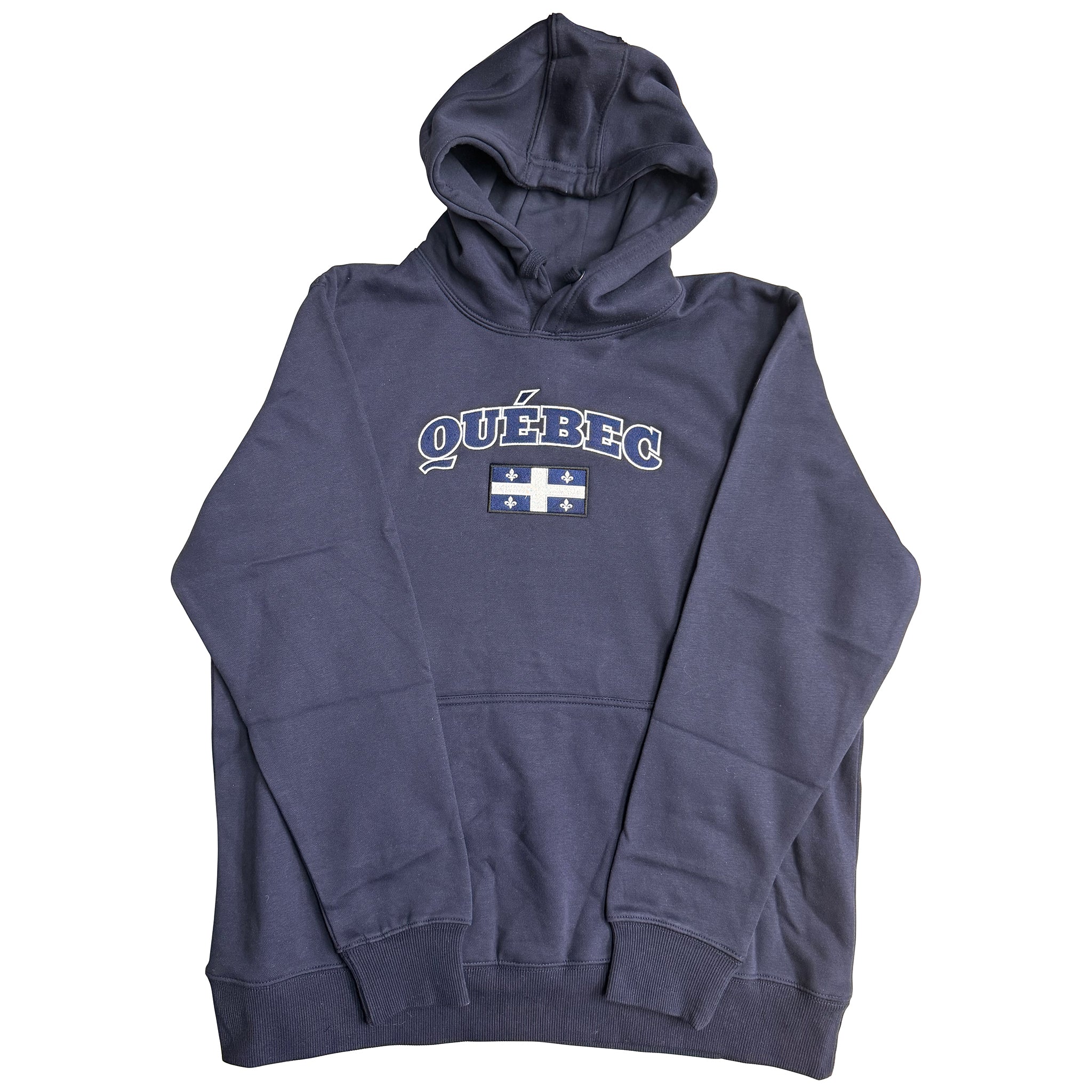 Navy blue hoodie with 'QUéBEC' text and flag design on a white background