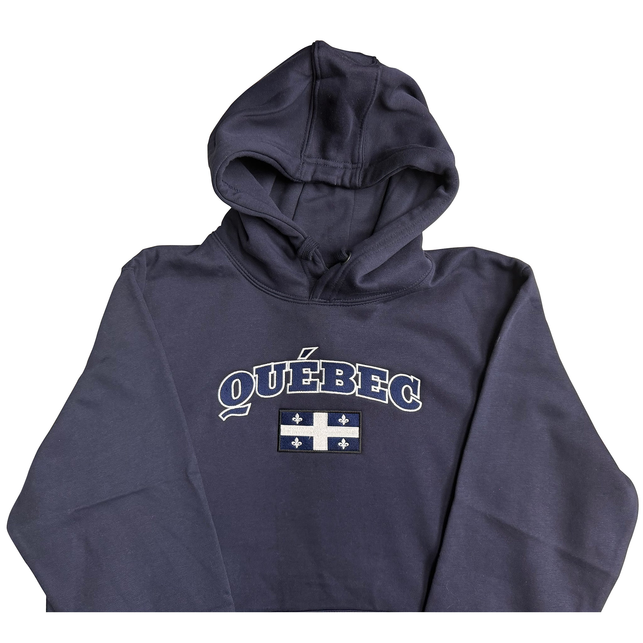 Navy blue hoodie with 'Québec' text and flag design on a white background