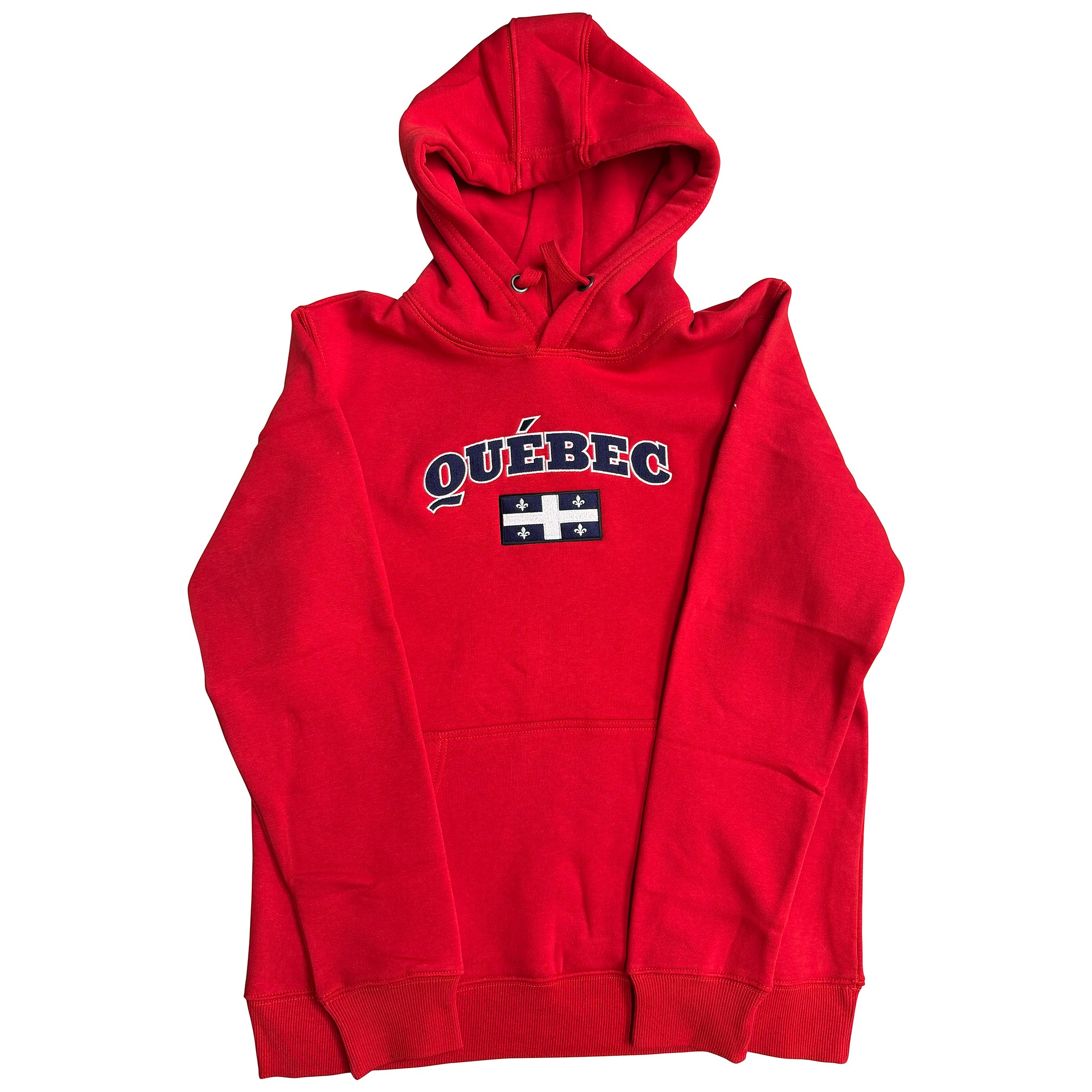 Red hoodie with 'Québec' text and flag design on a white background