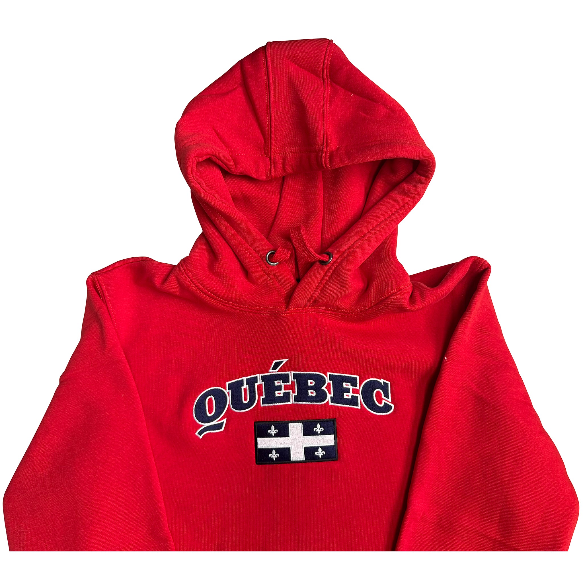 Red hoodie with 'QUébec' text and flag on a white background
