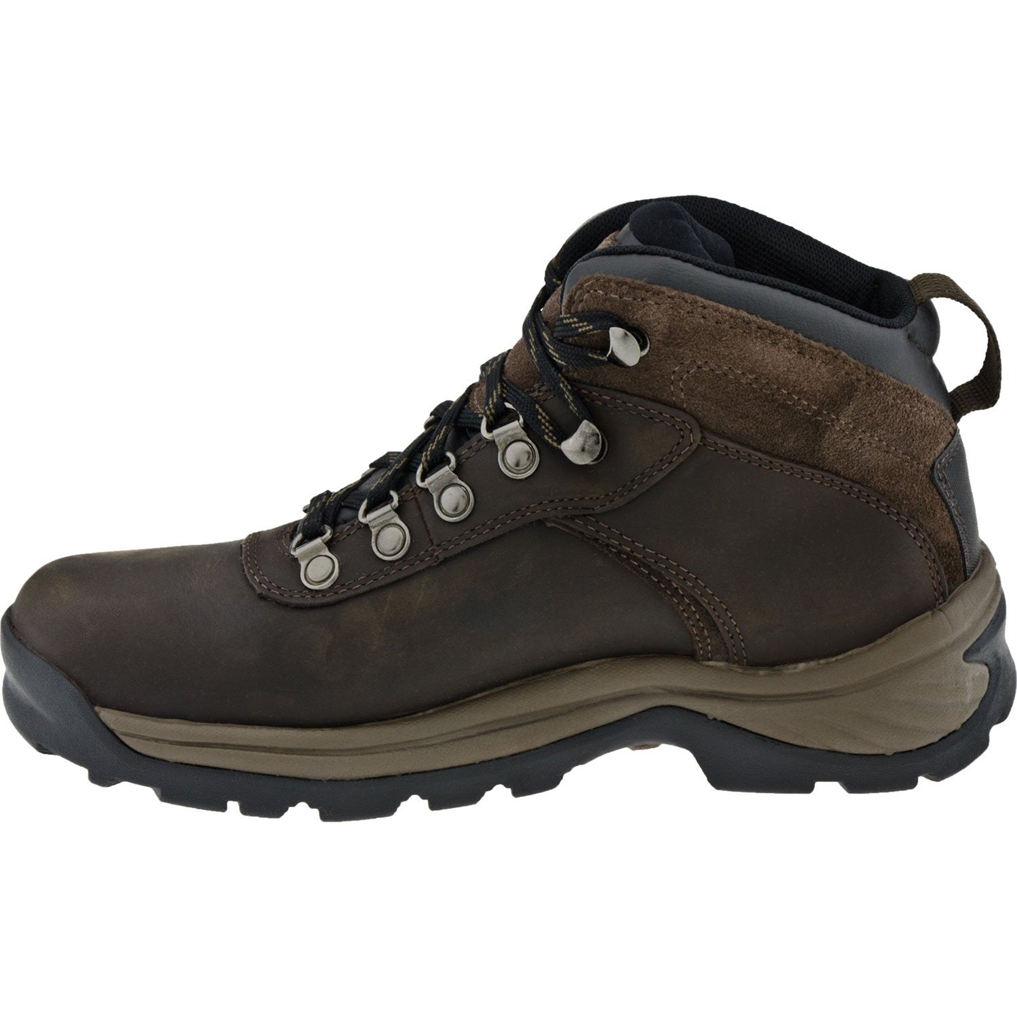 Brown hiking boot with black sole on a white background