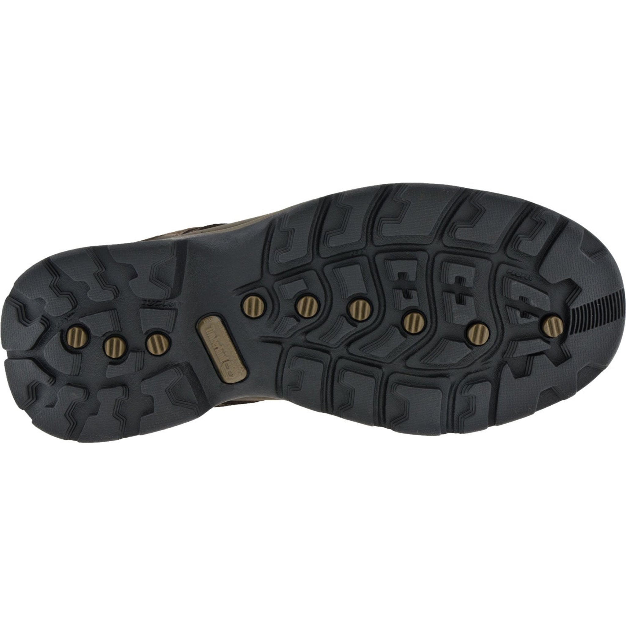 Close-up of a shoe sole with tread pattern and metal studs on a white background