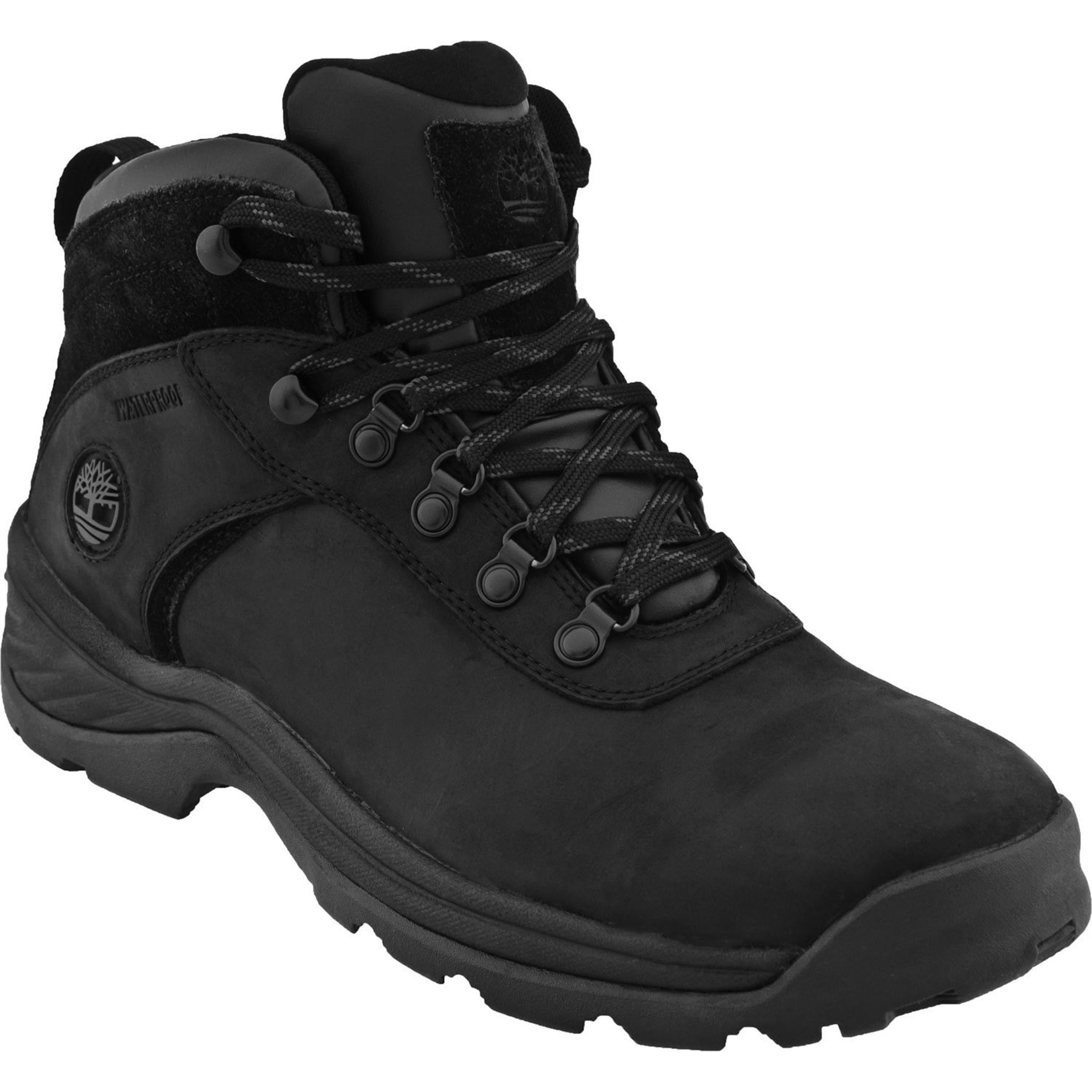 Black hiking boot with brand logo on a white background