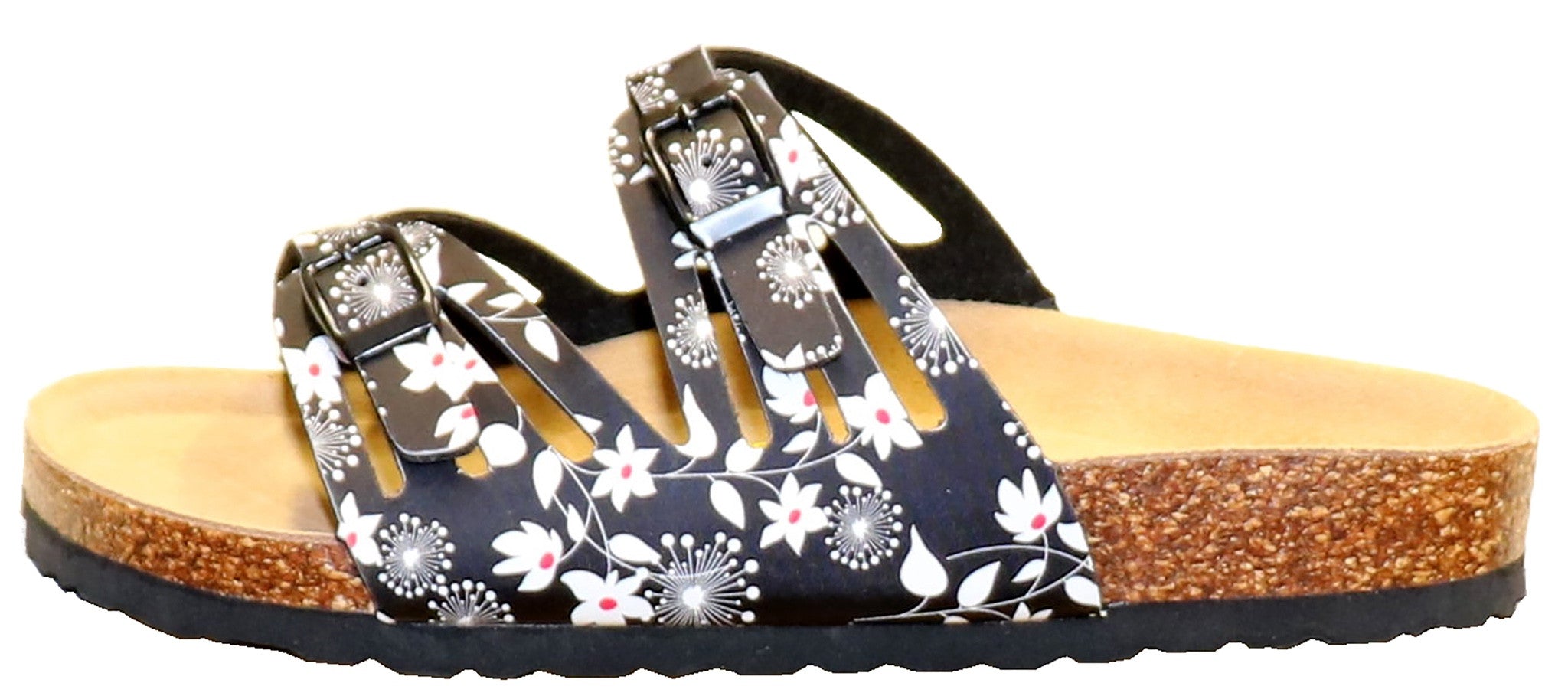 Two Buckle Cut Out Slide-Brama Floral Black