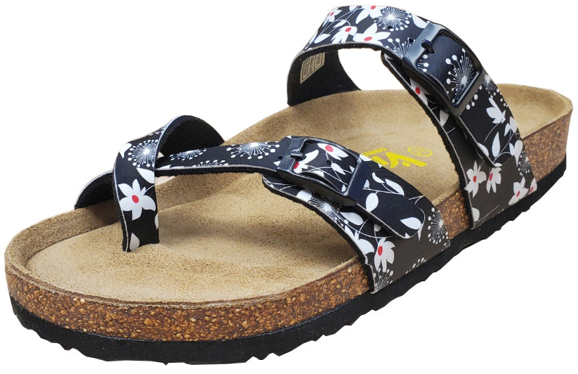 Viking Two Buckle Slide with Toe Strap-Brama Black Flower Print