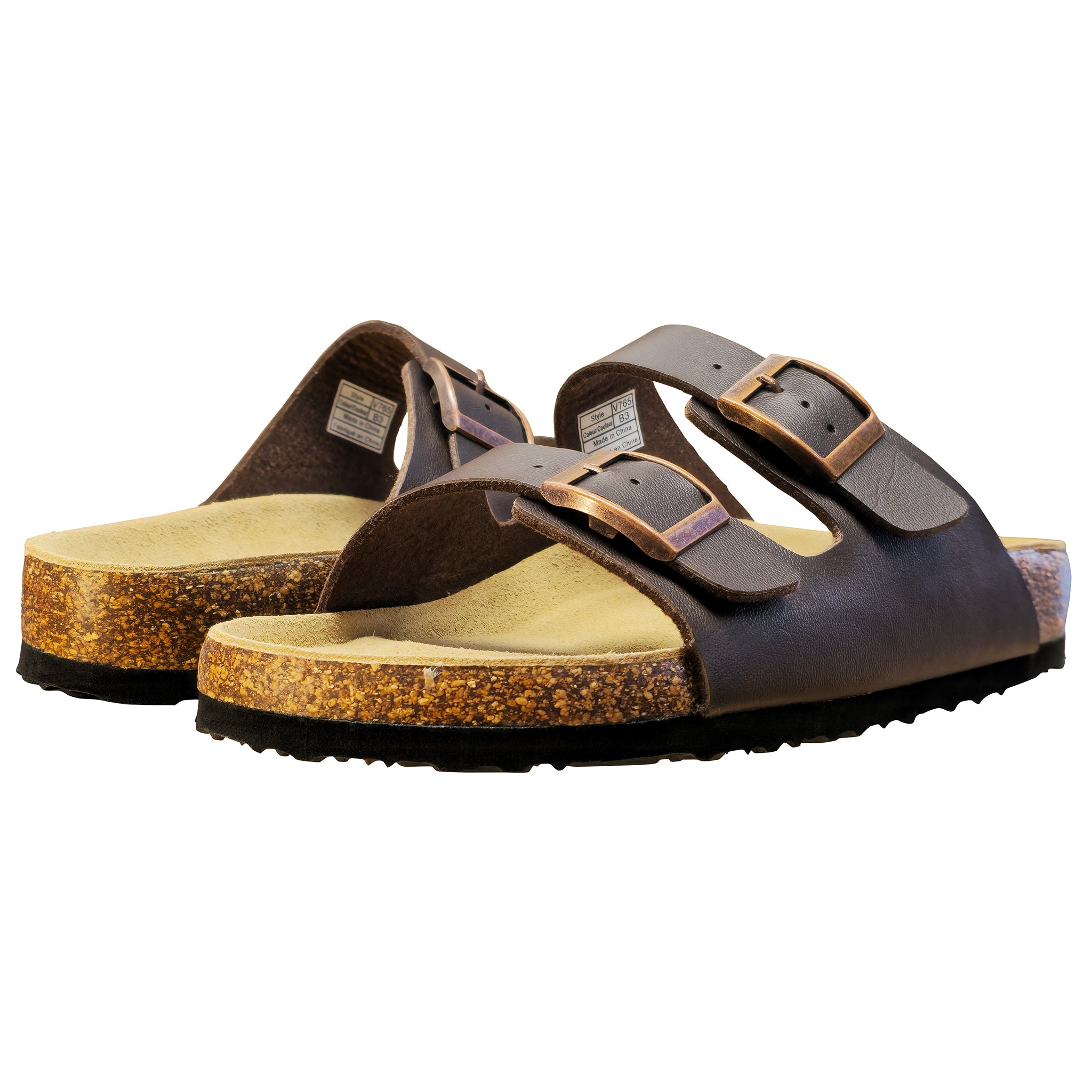 Brown sandals with cork sole on a white background