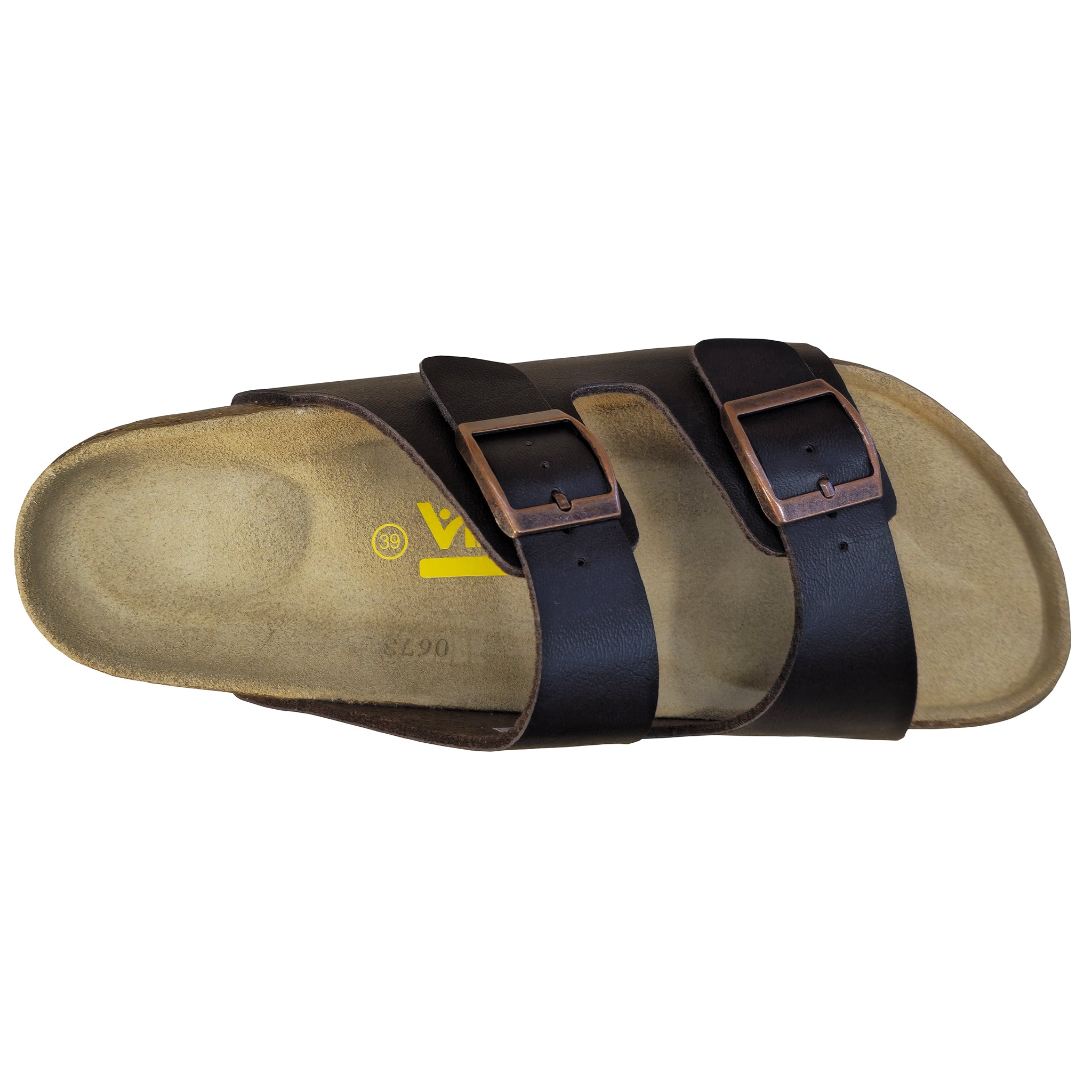 Brown sandal with black straps on a white background