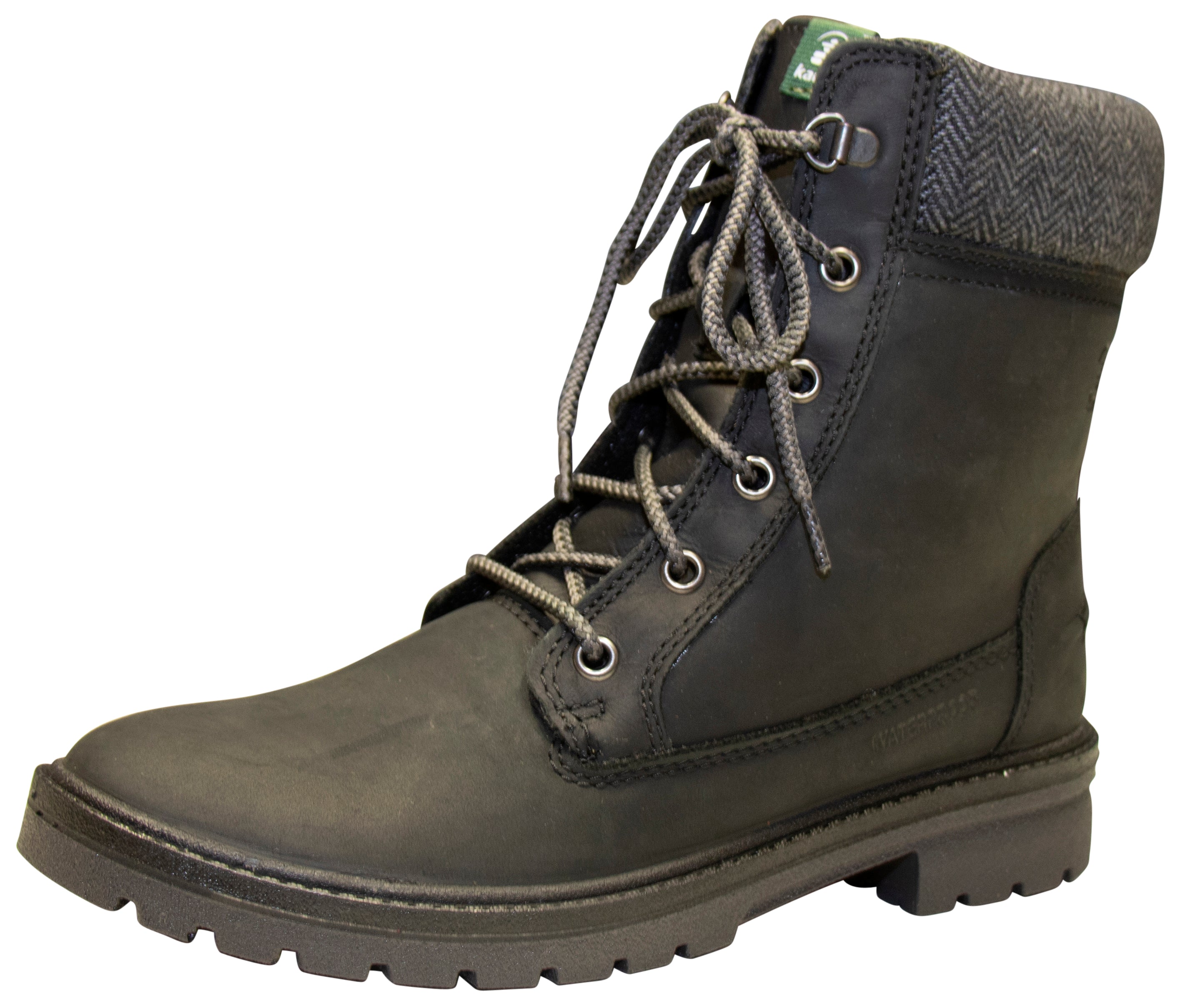 A black, waterproof leather winter boot with a lace-up front and a rubber traction outsole.
