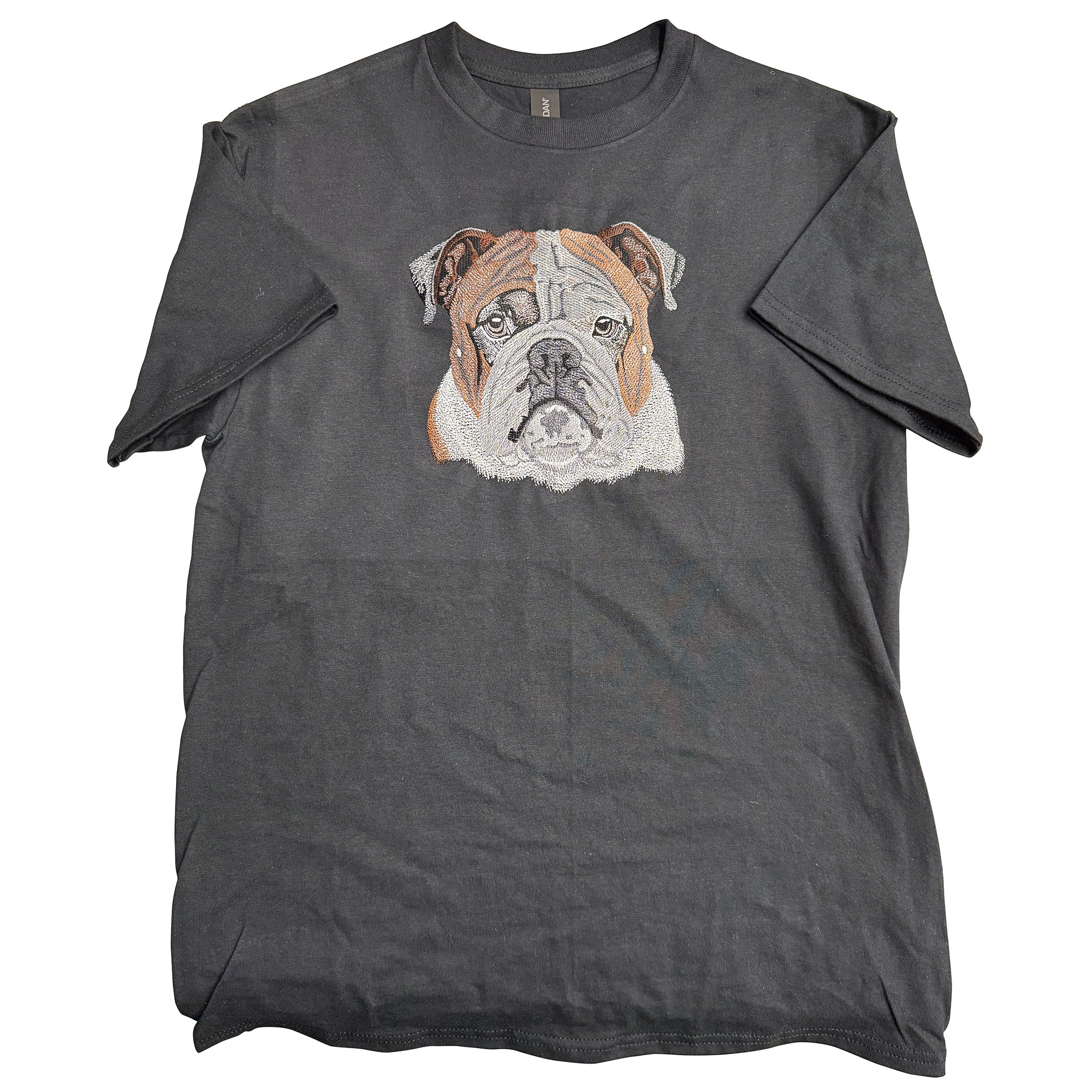 Gray t-shirt with a bulldog graphic on a white background