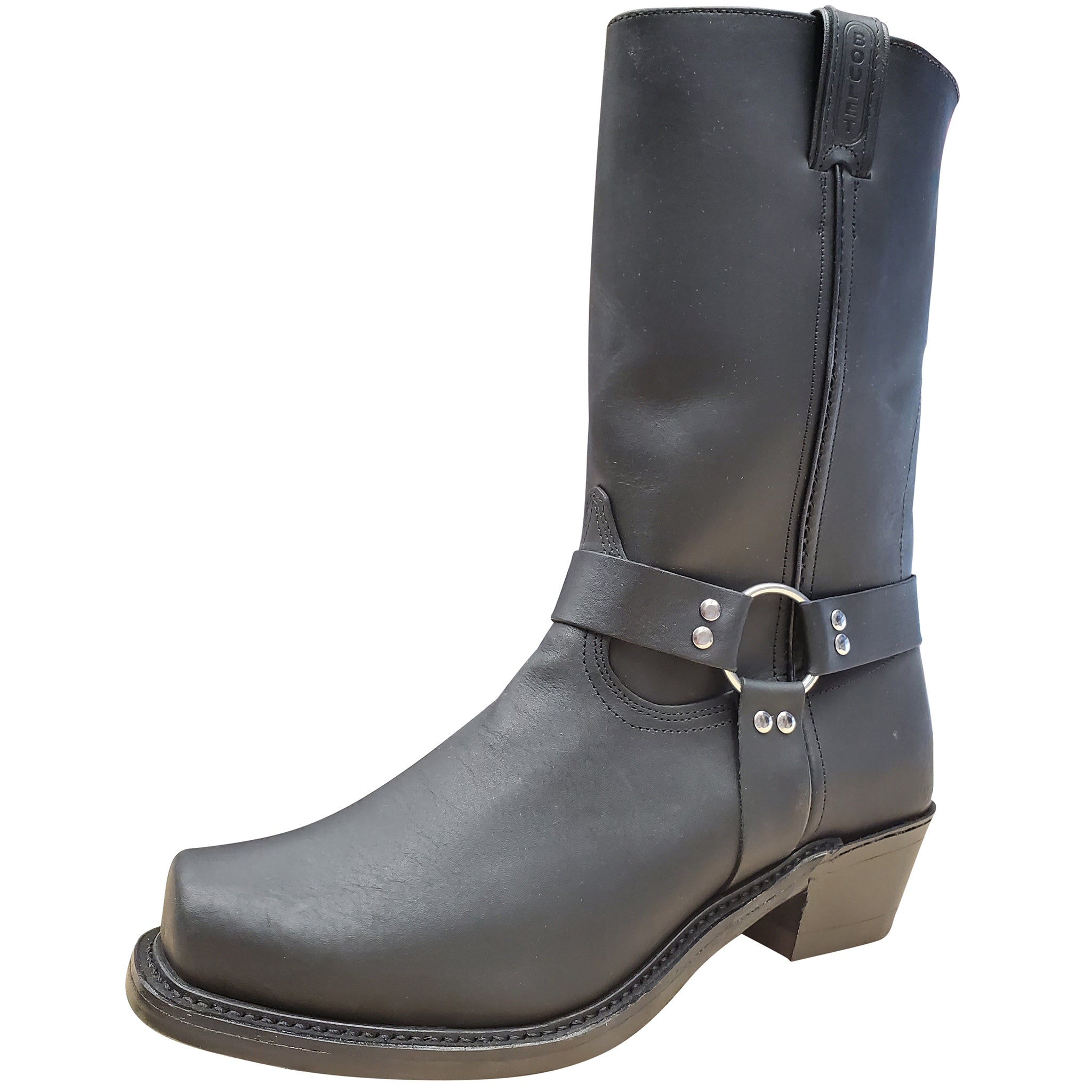 Black leather boot with a strap and buckle on a white background