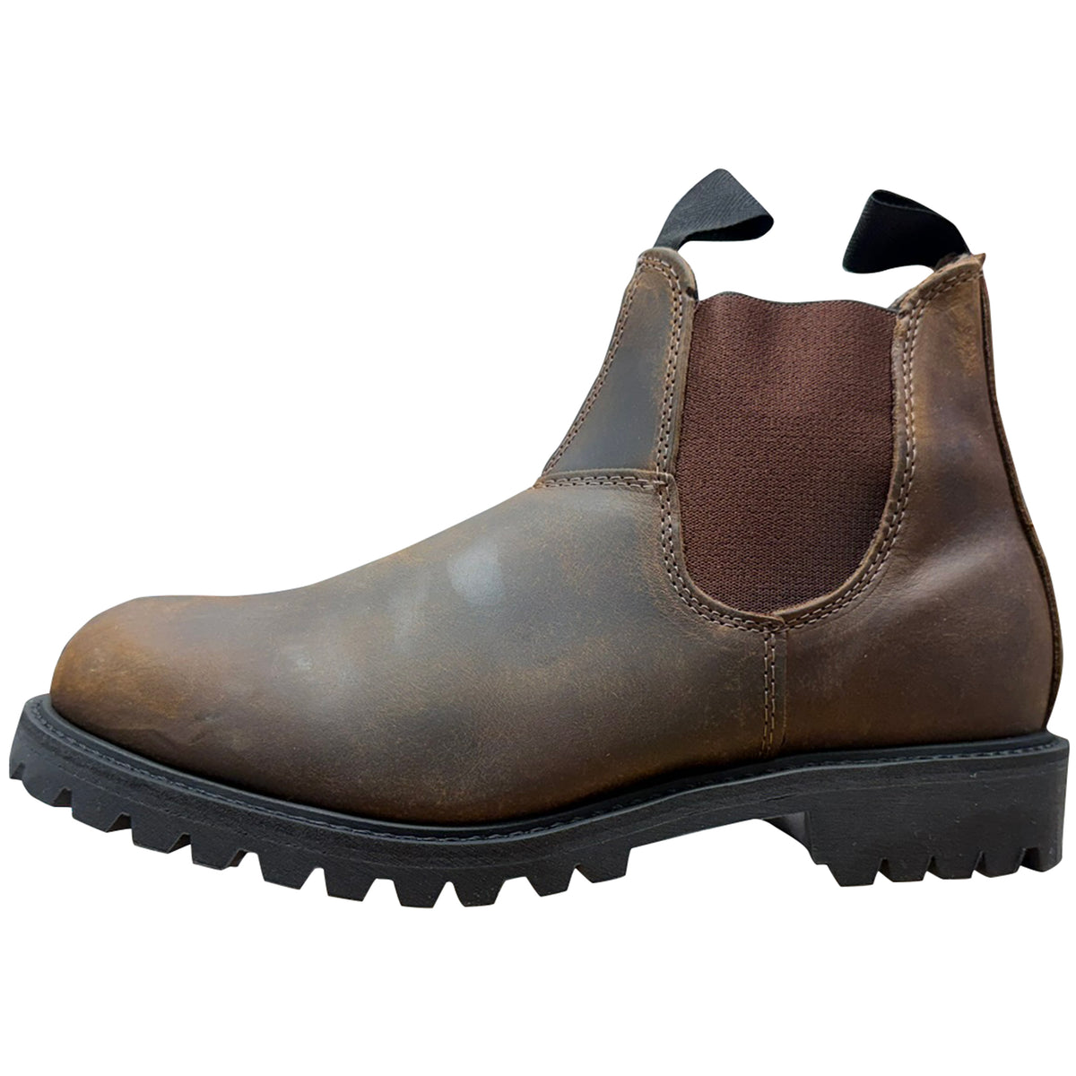 A single brown leather Chelsea boot with a rugged black lug sole, shown in a side profile against a plain white background.