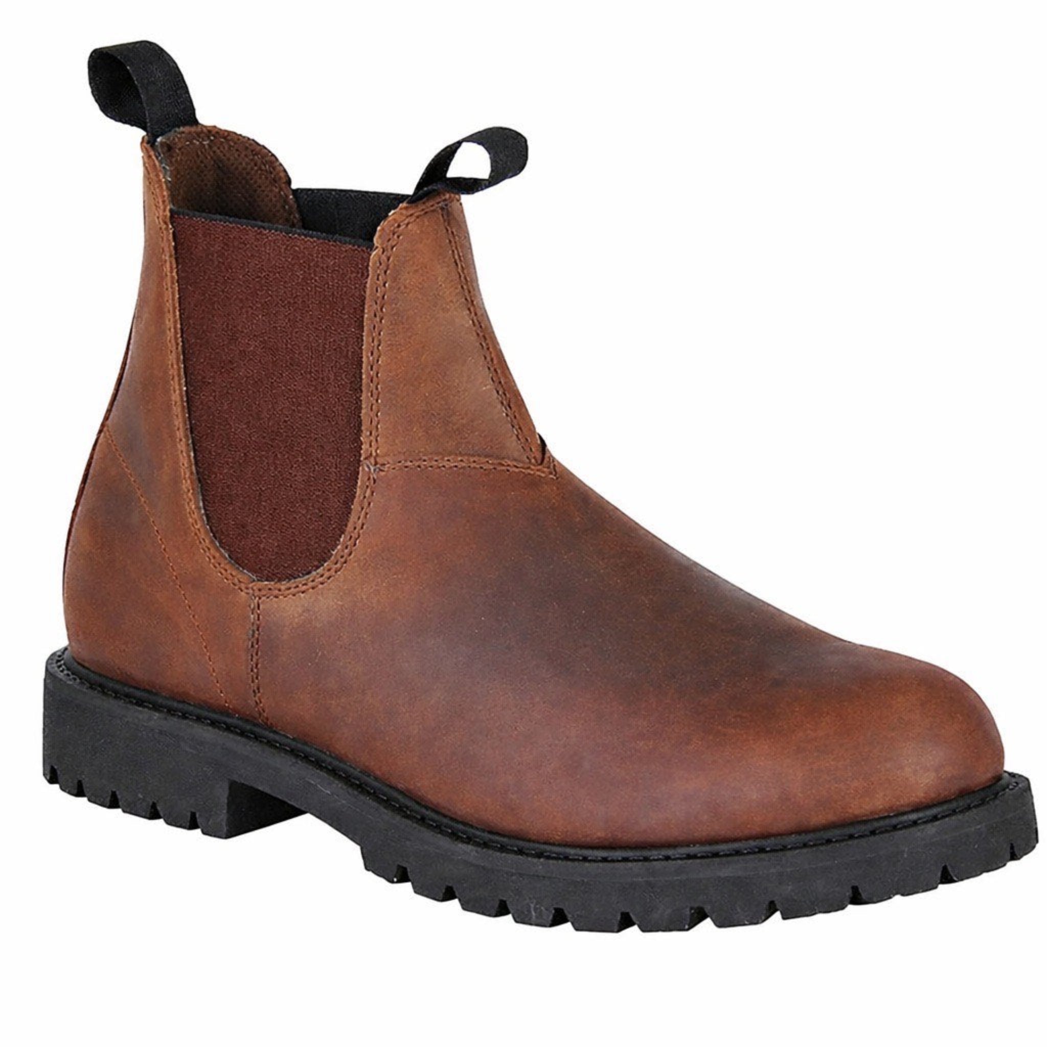 Brown leather Chelsea boot with black sole on a white background