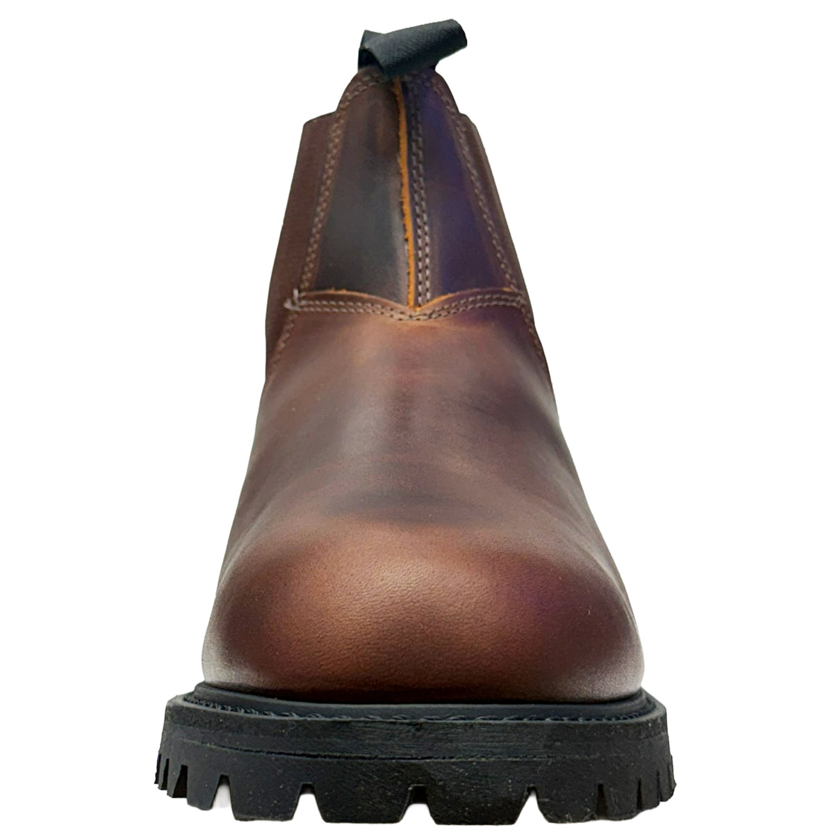 A single brown leather Chelsea boot shown from a front-facing perspective against a plain white background.