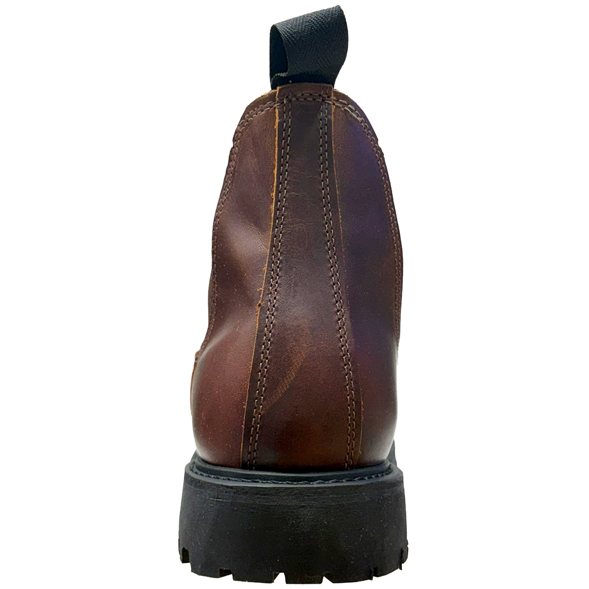 A single brown leather Chelsea-style ankle boot shown from the back, featuring a black pull tab and a thick black lug sole, set against a plain white background.