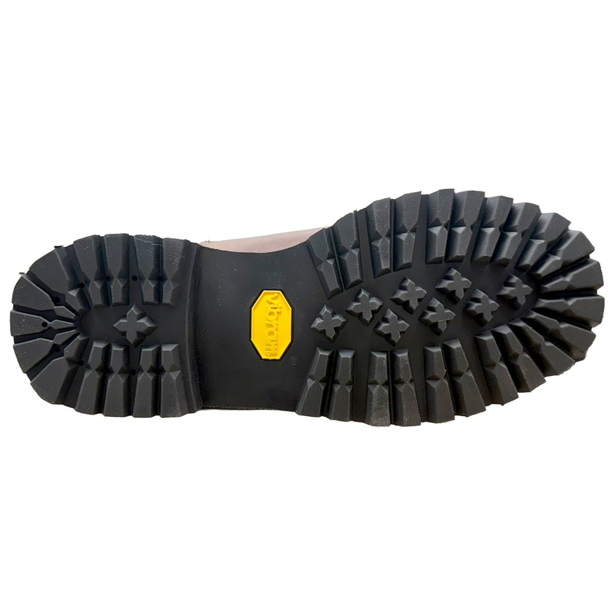 The black rubber outsole of a boot, featuring a prominent yellow Vibram logo on the center, photographed against a solid white background.