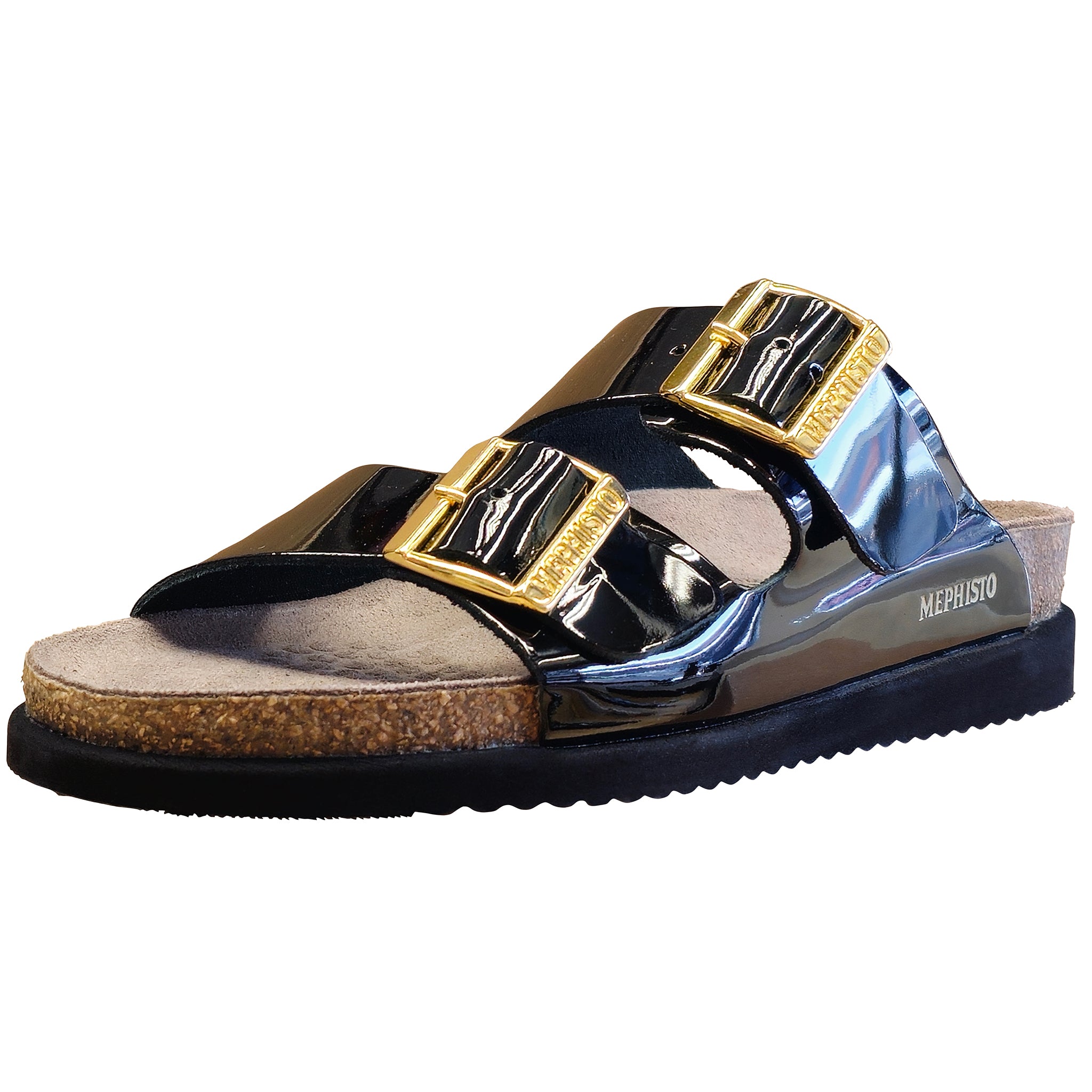 Shiny sandal with gold buckles on a white background