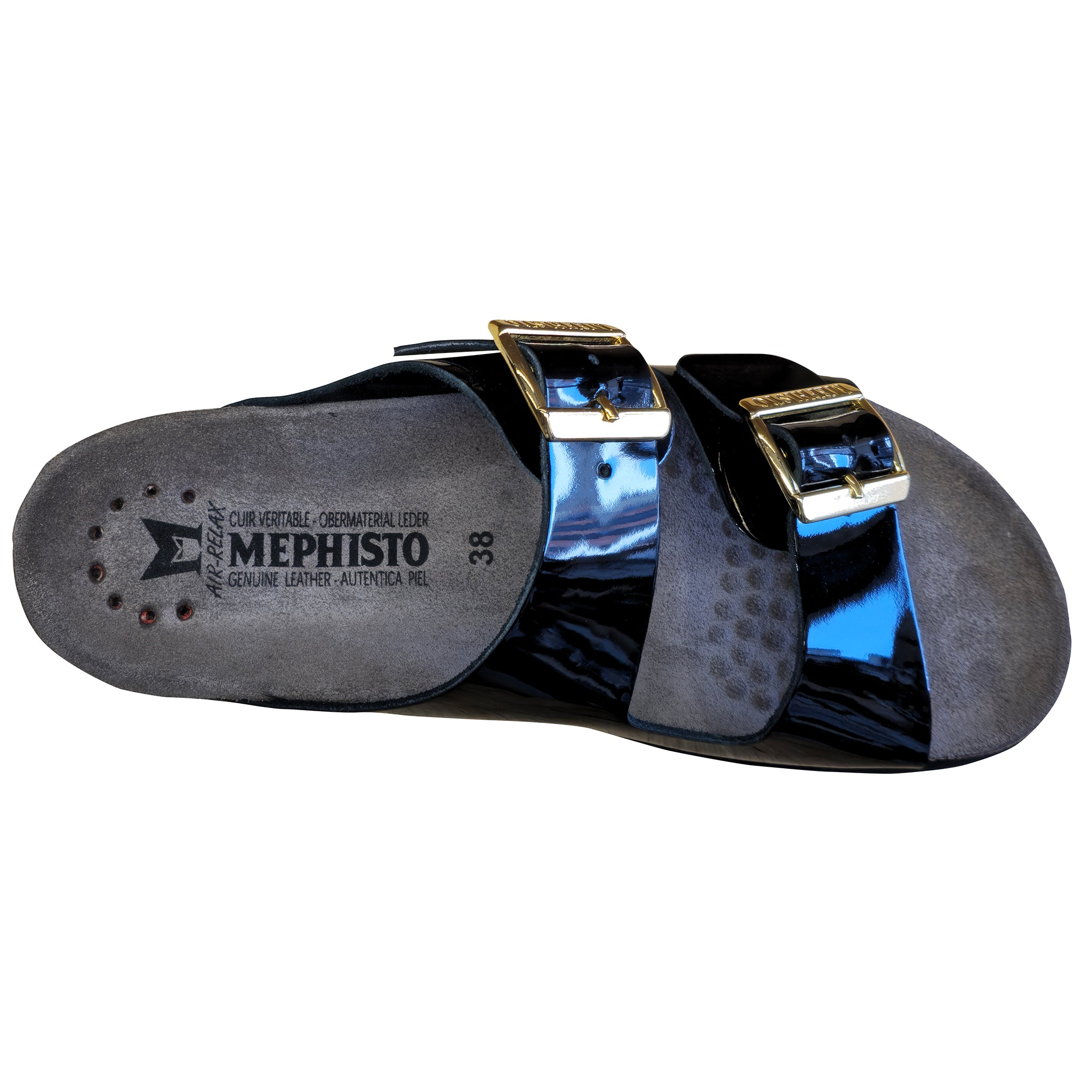 Black sandal with gold buckle on a white background, featuring Mephisto branding.