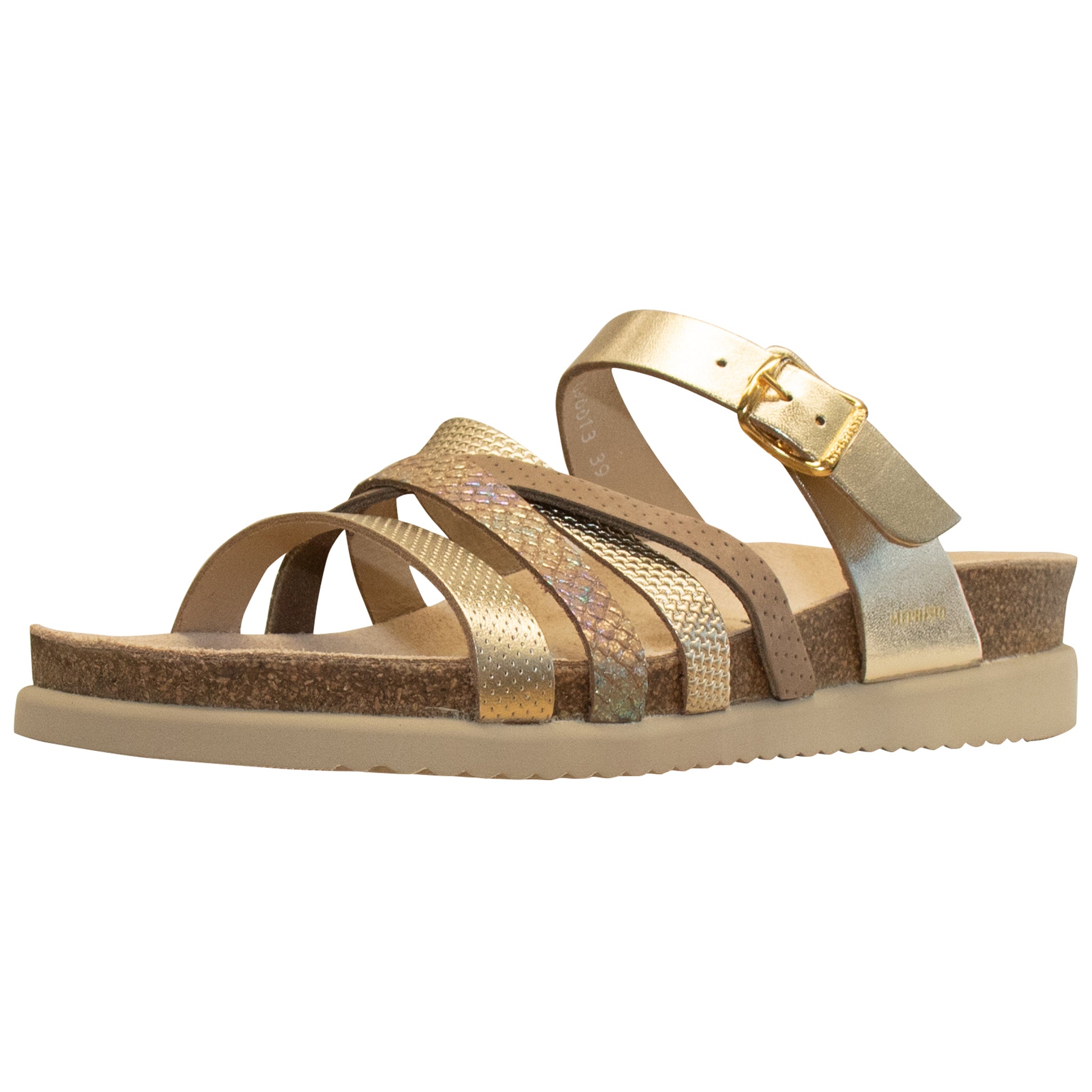 Gold sandal with multiple straps on a white background