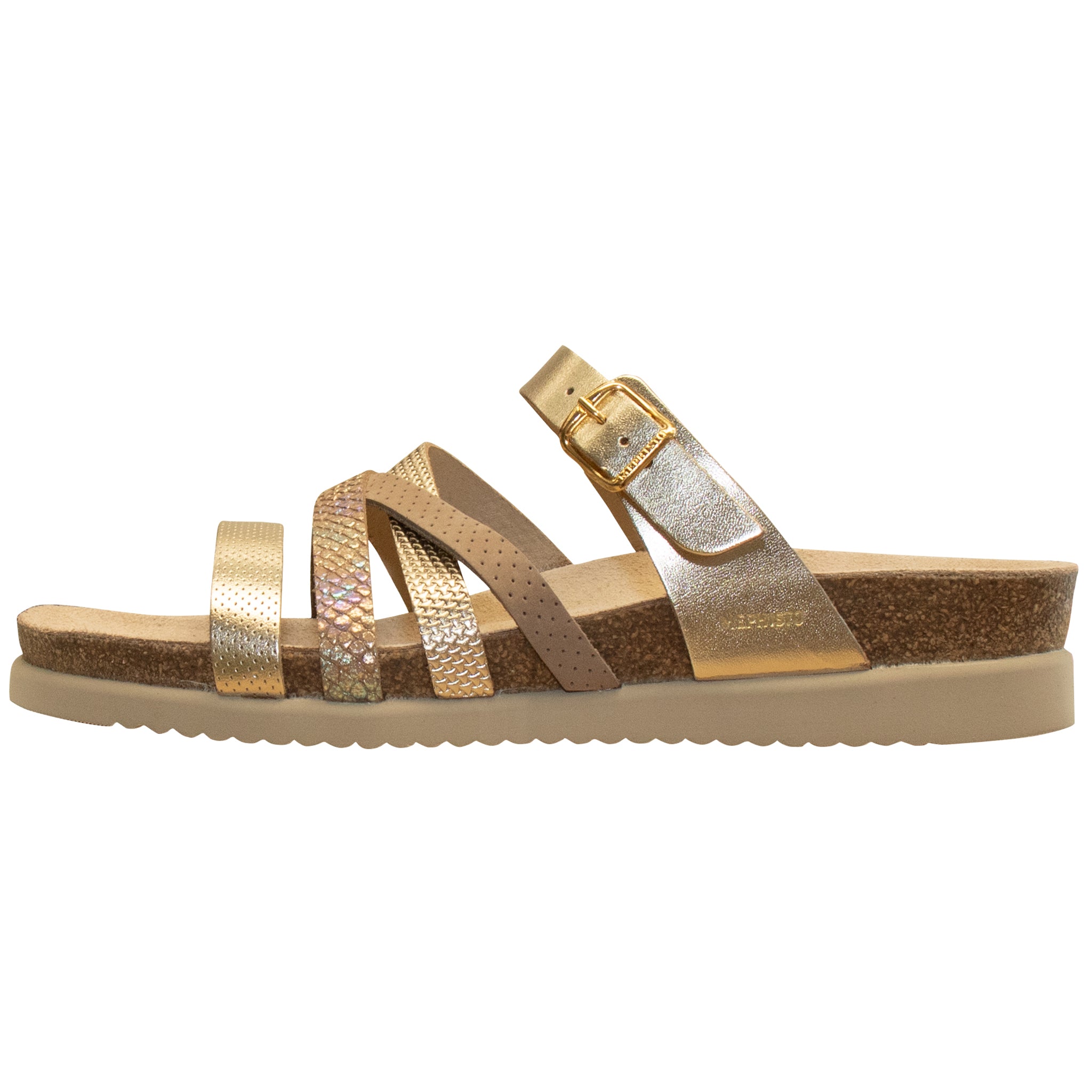 Gold sandal with multiple straps on a white background