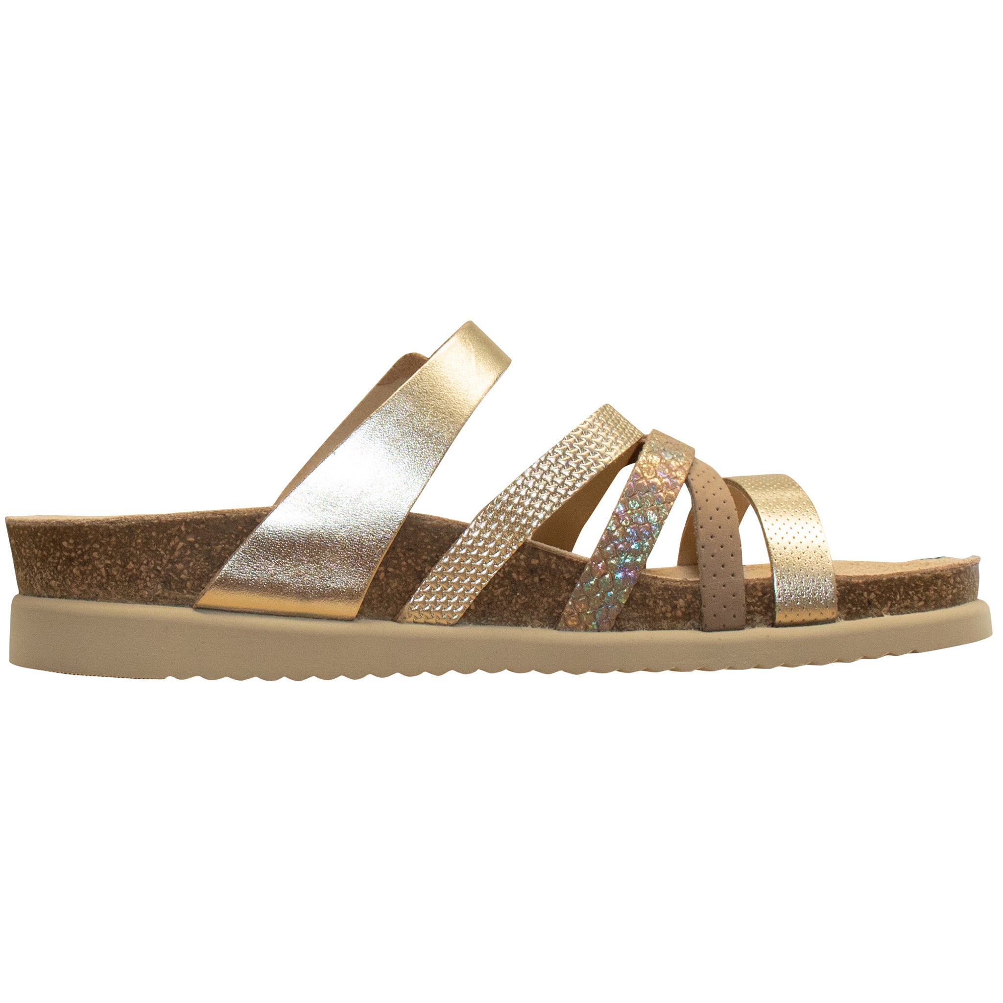 Gold sandal with rhinestone embellishments on a white background