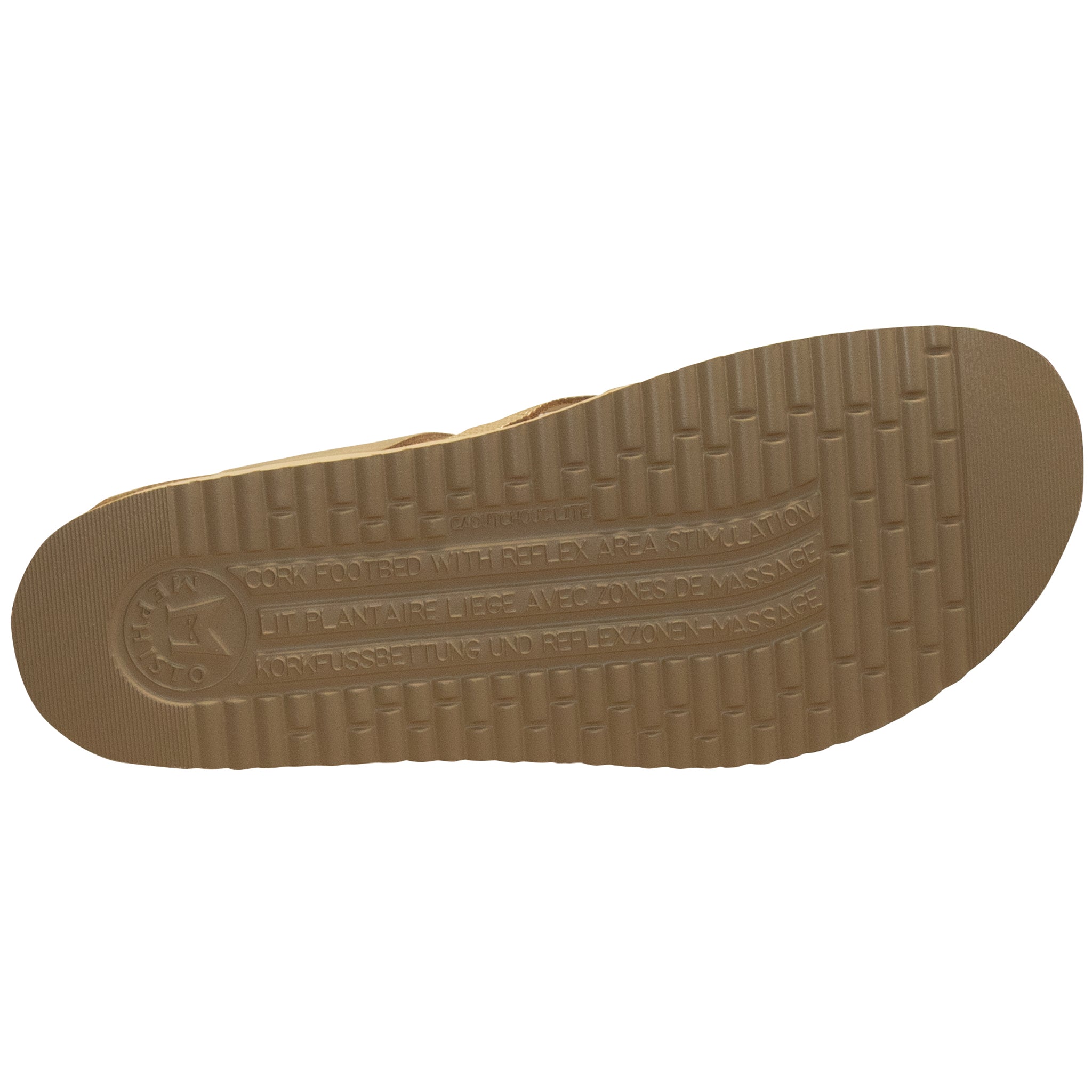 Brown sole of a shoe with tread pattern on a white background