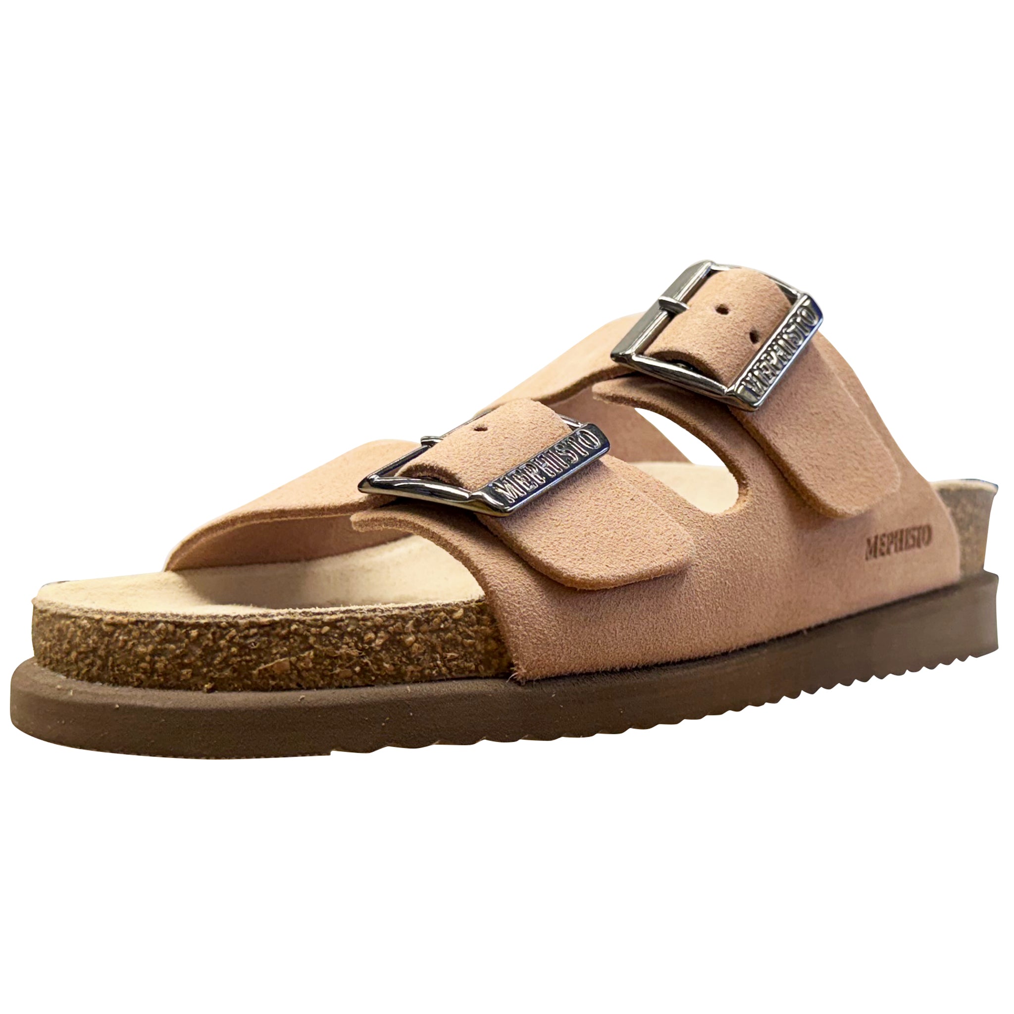 Tan sandal with two buckles on a white background