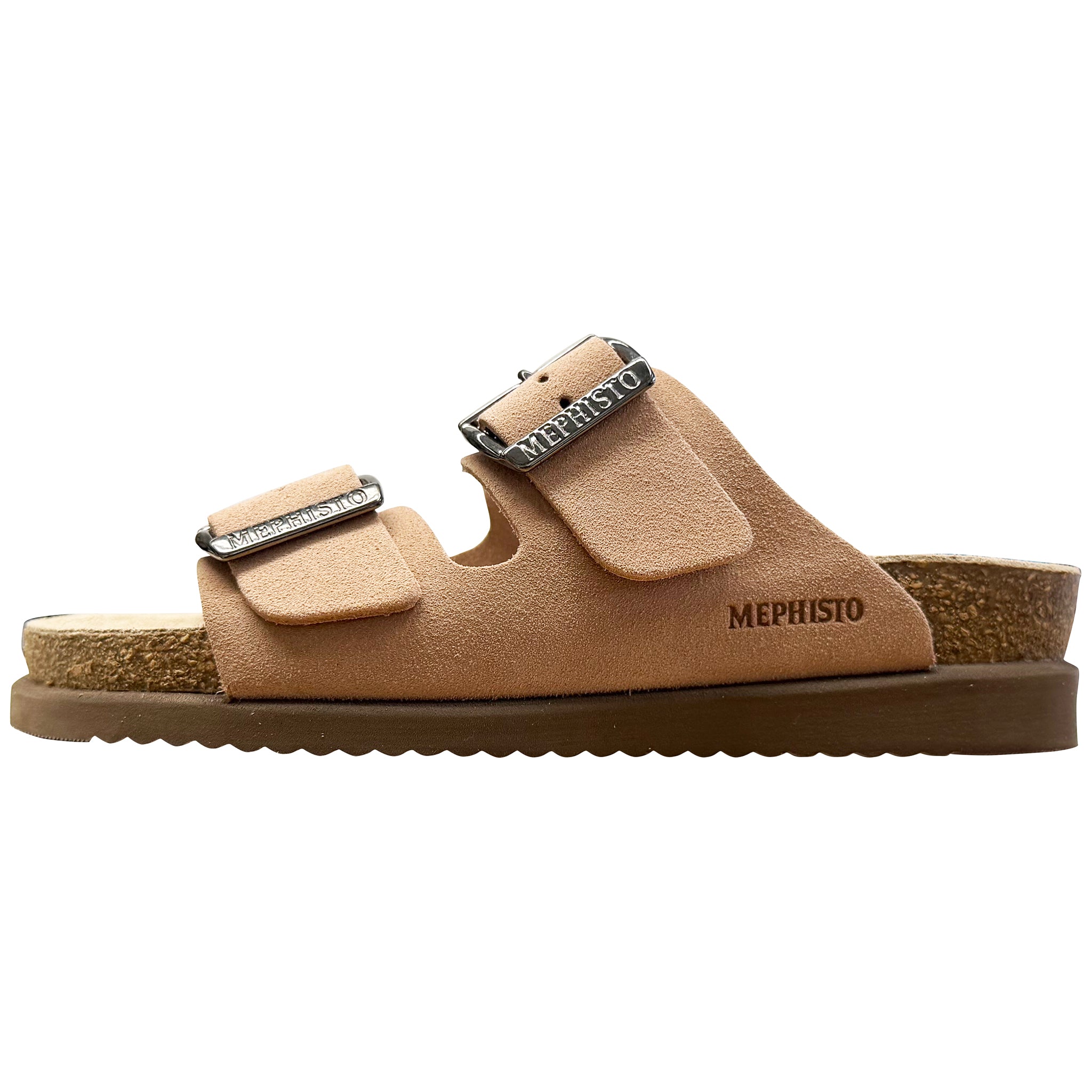 Tan sandal with 'Mephisto' branding on a white background
