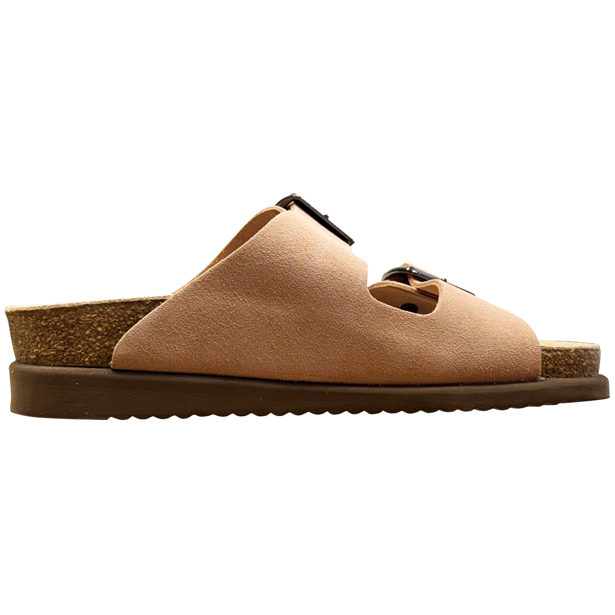 Tan suede sandal with cork sole on a white background