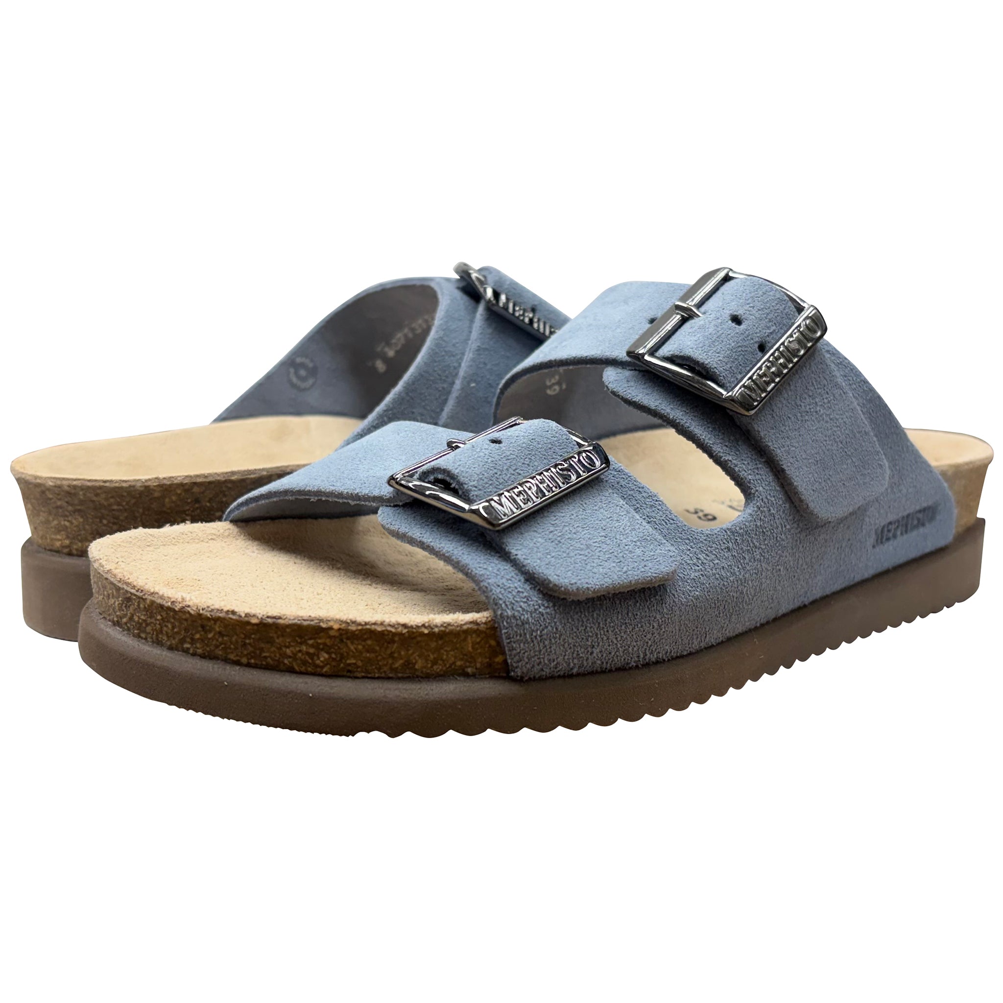 Pair of blue sandals with brown soles on a white background