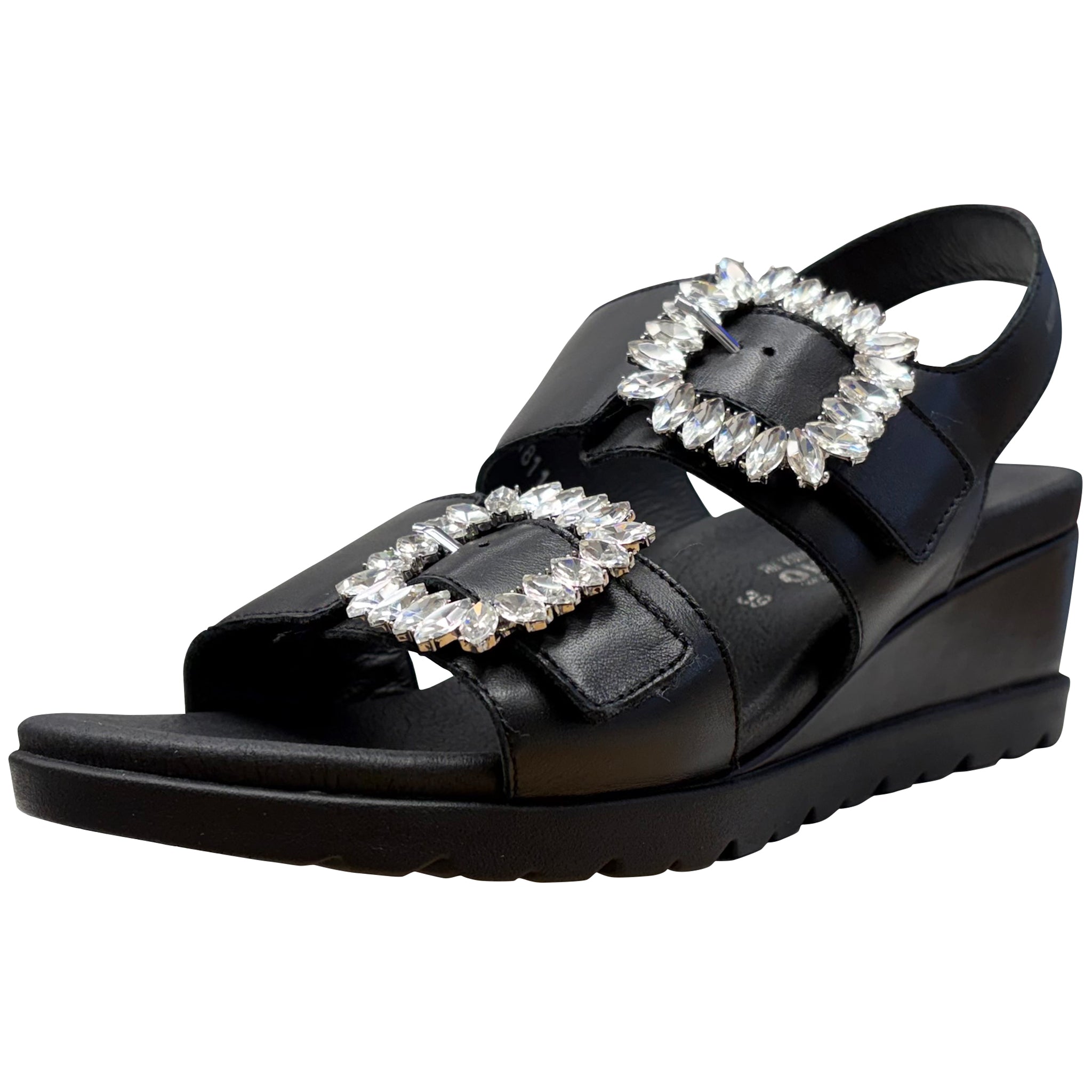 Black wedge sandal with crystal buckles on a white background