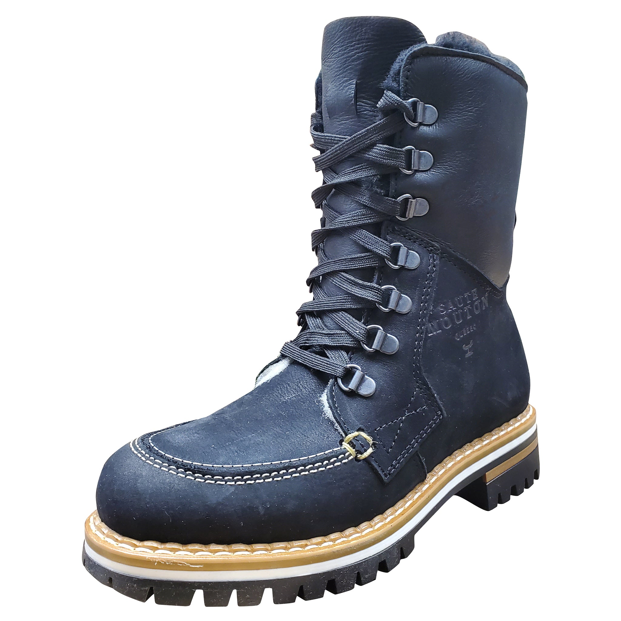 Blue leather boot with laces on a white background