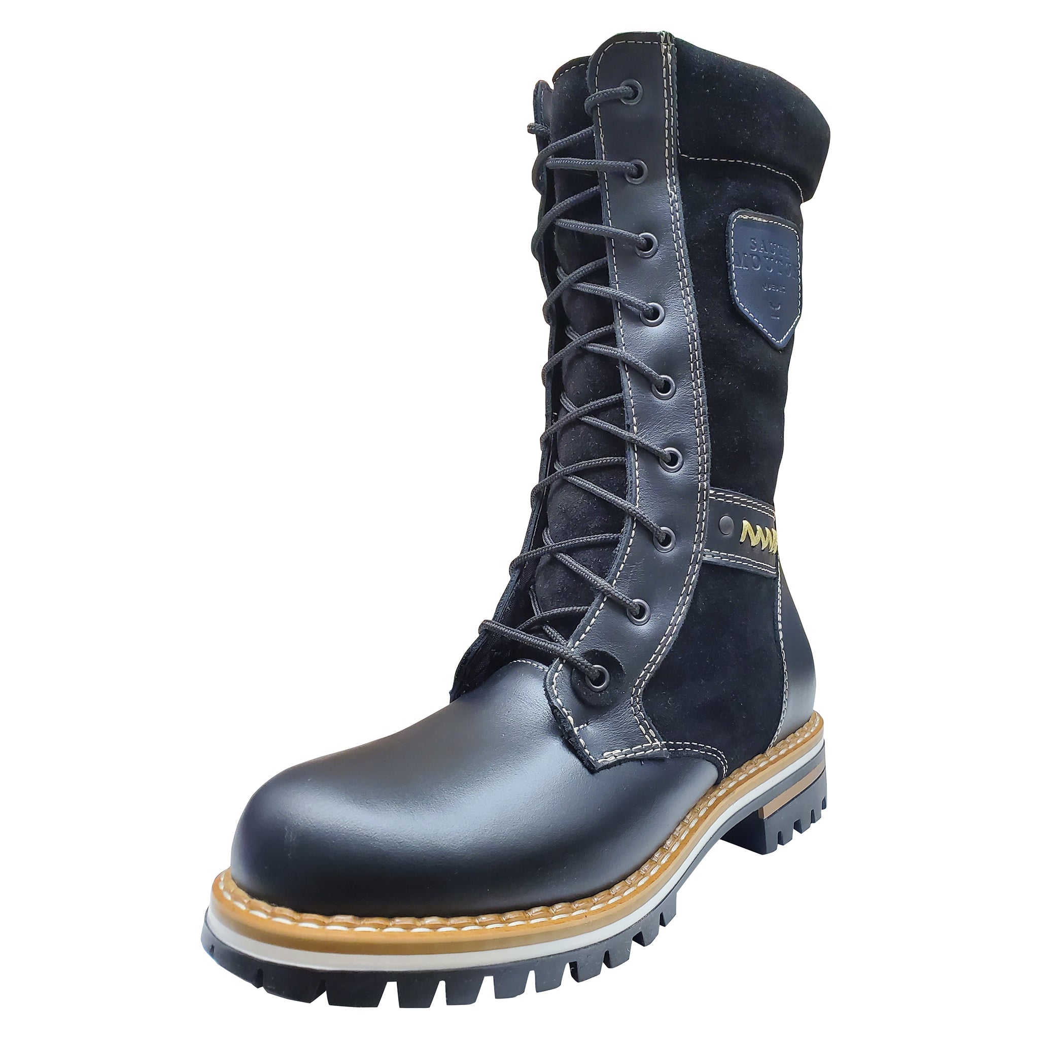 Blue leather boot with brown sole on a white background