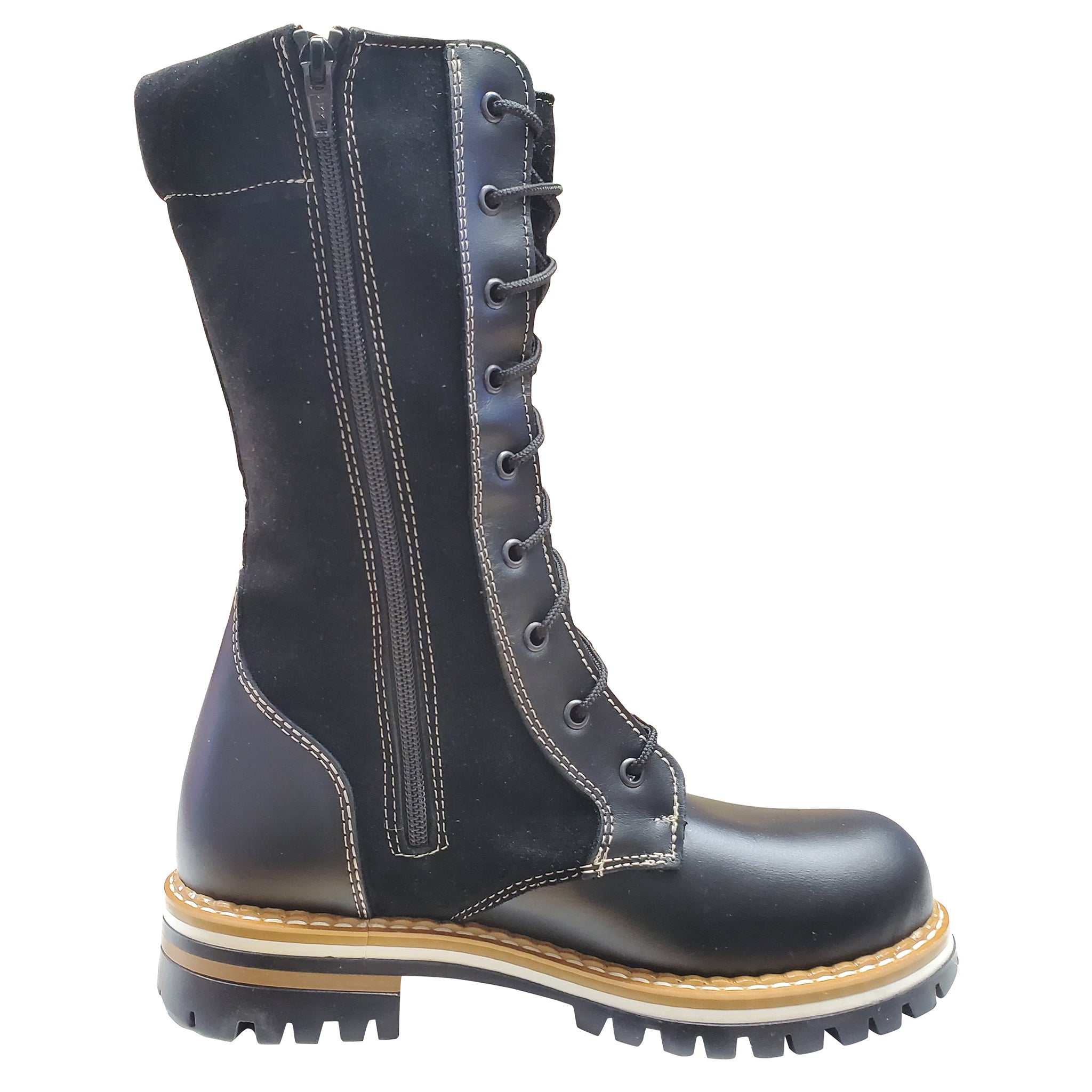 Black leather boot with a brown sole on a white background