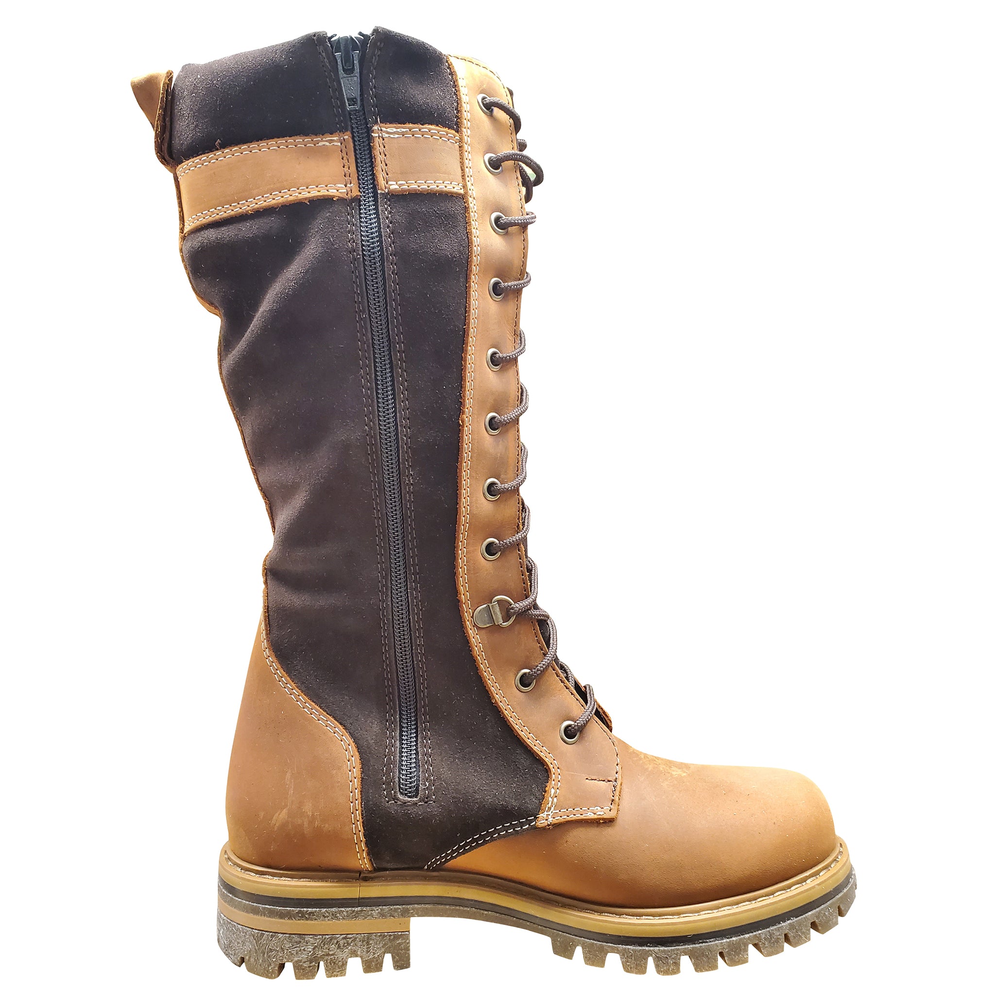 Brown and black boot with a zipper on a white background