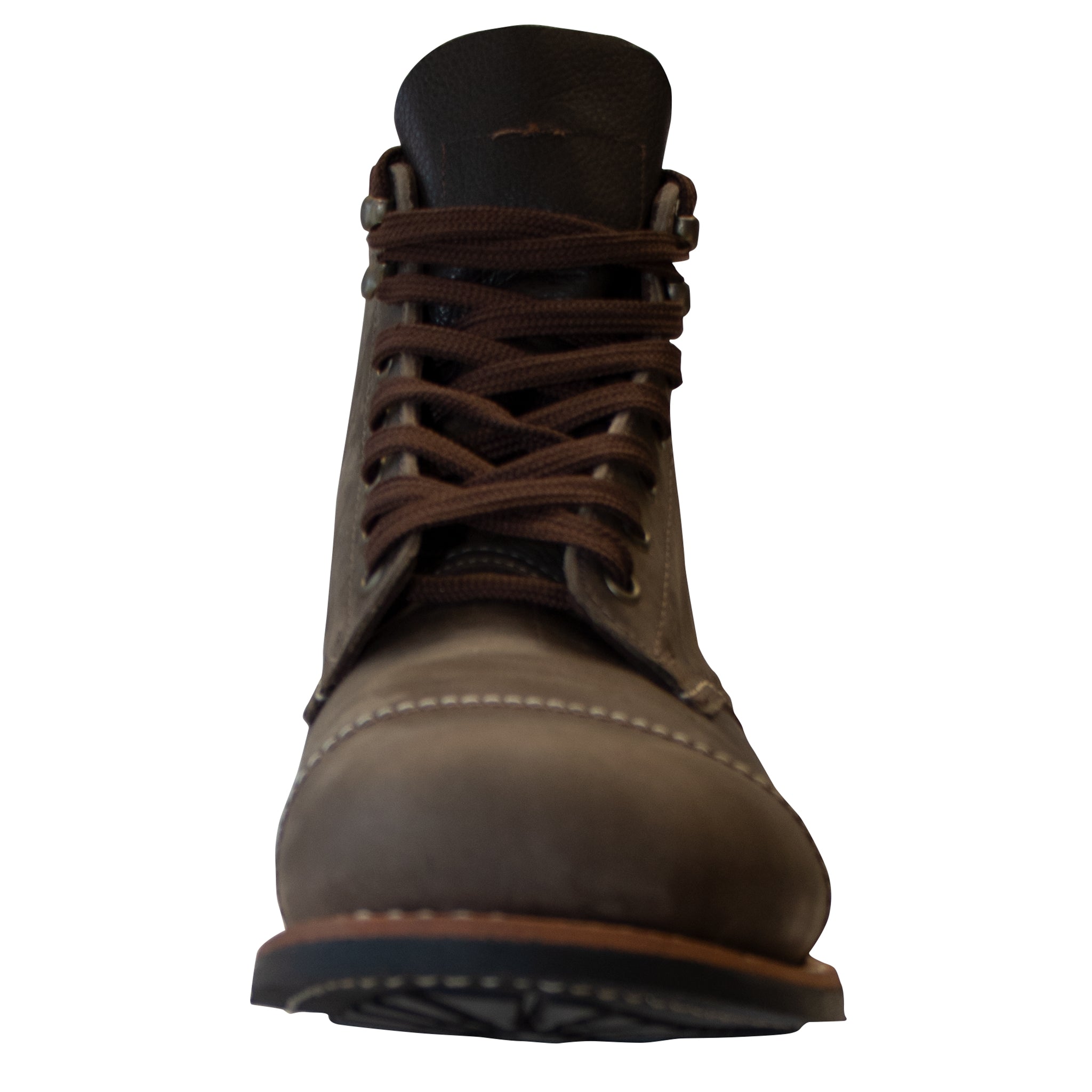 Brown leather boot with laces on a white background